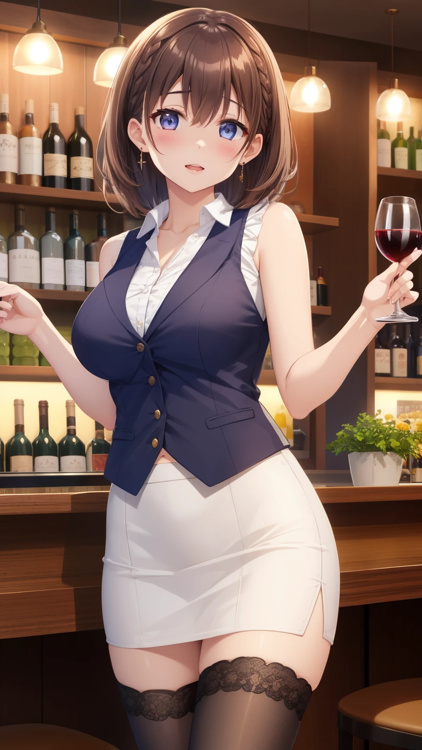 1girl, natural lighting, masterpiece, highly detailed, illustration, game CG, absurdres, high quality, aichan, large breasts, beautiful detailed eyes, short brown hair, side braid, collarbone, waistcoat, short pencil skirt, thigh highs, sleeveless, hostess club, wine bar, welcoming