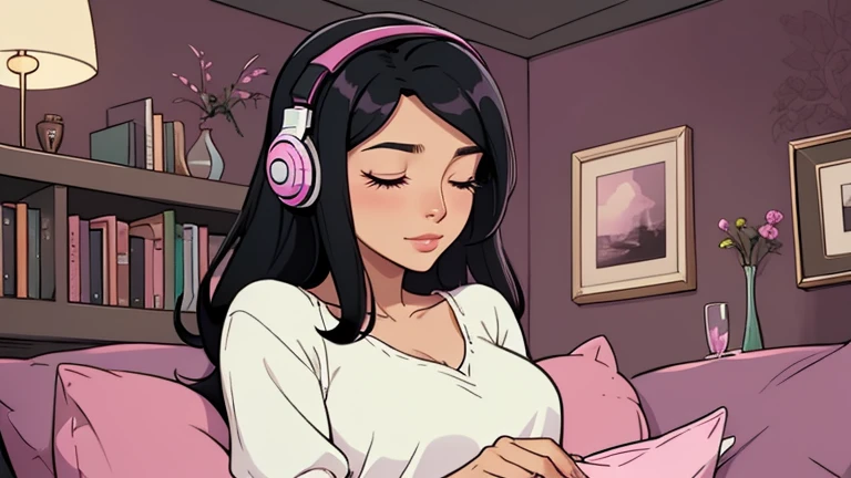 Beautiful woman in her 30s with black hair is sitting on the sofa with her eyes closed. and wearing headphones listening to music. Looking down, eyes closed, LOFI girl, alone in the room, V-neck blouse, cozy wallpaper, big cushion, bookshelf, relaxing mood, night core, cozy, wide glass window with skyscrapers, outside view at night, only five fingers, dark room, pink wall,