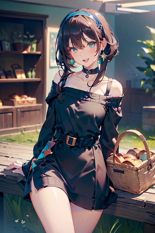 (perky chest:1.2), (pointed chest:1.2),(((Black Tunic:1.3))),(((cakes and bread in the basket),Cute and beautiful girl,Cute round face,Cute smile,with blush cheeks,Red Lip,solo, looking at viewer, open mouth, have a cute grass of cute beergrass,black hair, dark green eyes, dress, bare shoulders, jewelry, collarbone, sidelocks, hairband, earrings, indoors, off shoulder, sweater, arms behind back, plant, short hair with long locks, gild hairband, off-shoulder dress, sweater dress, off-shoulder sweater, black sweater, dark gord hair, big side hair, very long side hair,is rendered in (masterpiece: 1.2, best quality), with (ultra high resolution) and an exquisite (depth of field),(Bangs are see-through bangs),hair pin,hair adornments,detailed clothes features,Detailed hair features,detailed facial features,(Dynamic angles),(Dynamic and sexy poses),Cinematic Light,(masutepiece,top-quality,Ultra-high resolution) ,(The 8k quality,Anatomically accurate facial structure,),(Sea Art 2 Mode:1.3),(Image Mode Ultra HD) ,(Hold a coffee in your hand:1.3),delicate beautiful face, Bright blue eyes, cute eyes, sparkling eyes, Big eyes, (perky chest:1.1), (pointed chest:1.3), looking at viewer,
