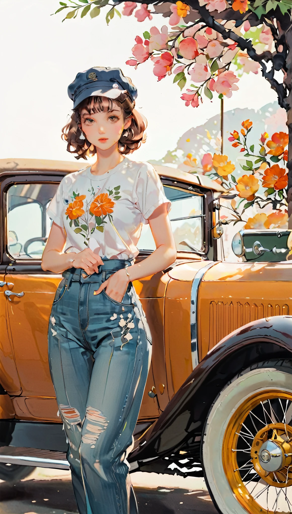 (((paper cutting style))), 1 girl, short brown long hair, cap, shirts and denim, portfolio, leaning against a classic vintage car