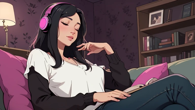 Beautiful woman in her 30s with black hair is sitting on the sofa with her eyes closed. and wearing headphones listening to music. Looking up, eyes closed, LOFI girl, alone in the room, V-neck blouse, cozy wallpaper, big cushion, bookshelf, relaxing mood, night core, cozy, wide glass window with skyscrapers, outside view at night, only five fingers, dark room, pink wall,