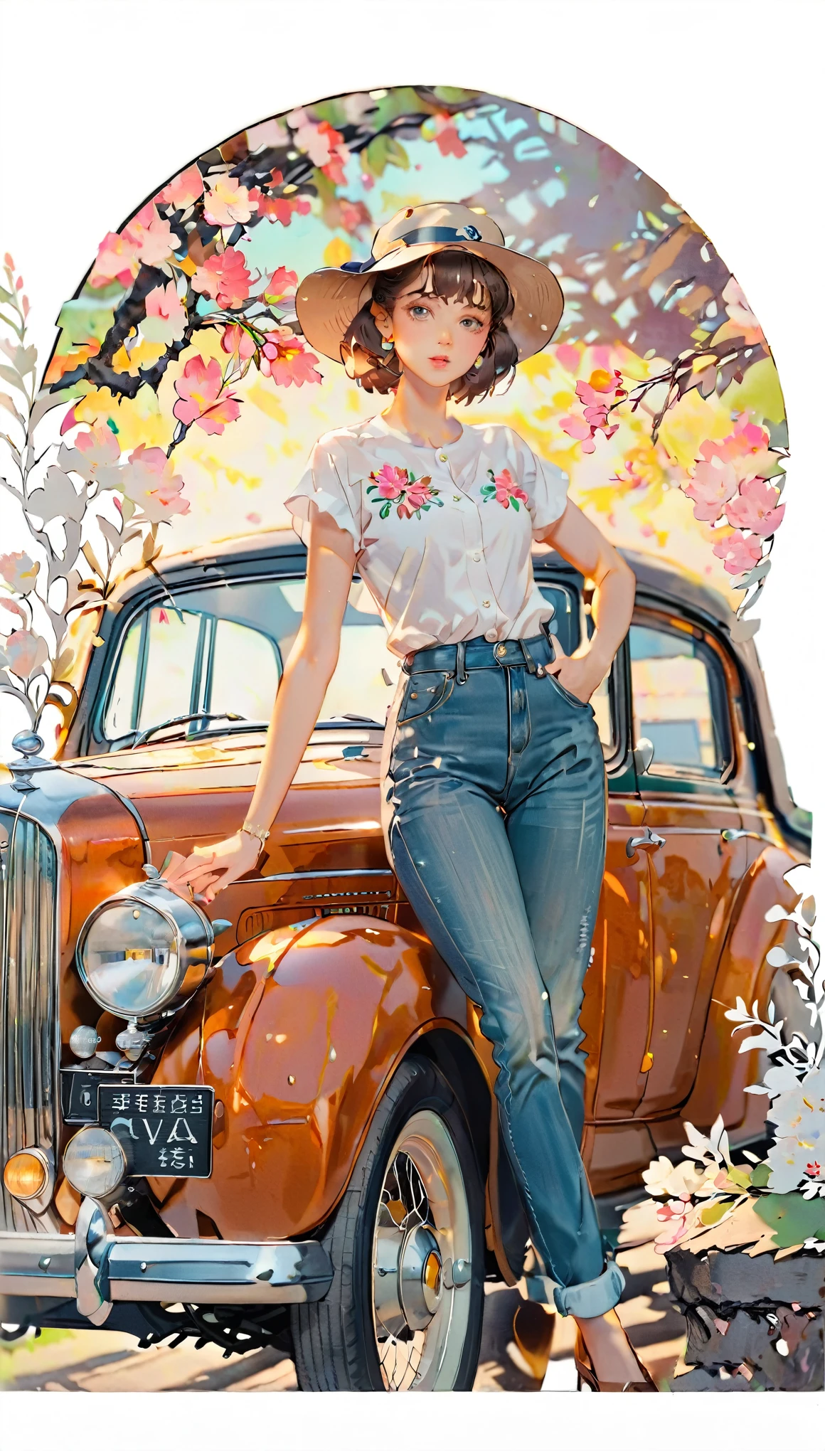 (((paper cutting style))), 1 girl, short brown long hair, cap, shirts and denim, portfolio, leaning against a classic vintage car