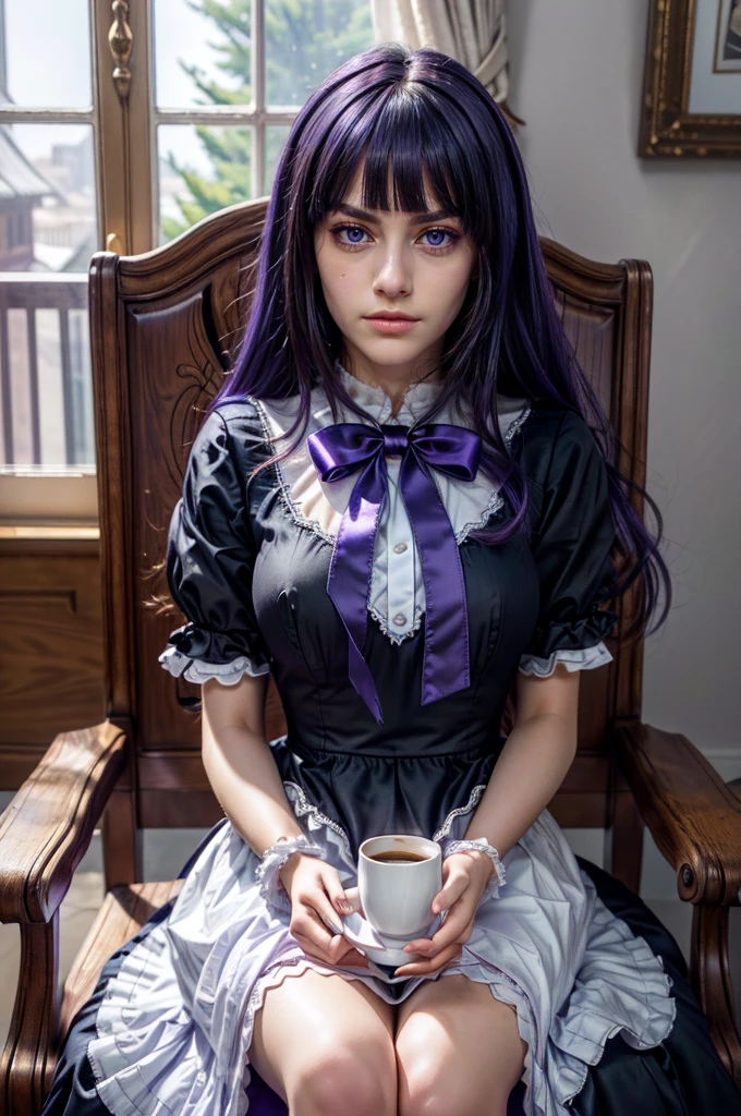 ultra-detailed, Beautiful Nose, Beautiful character design, perfect eyes, perfect face, ultra highres, girl in a chair with a cup of coffee, professional cosplay, HD Raw Photography, professional photoshoot, a cute girl, cosplay of anime girl in a maid costume, high detailed photo, in dress, frederica bernkastel, purple eyes, purple hair, long hair, 16K CGI, photorealistic, purple bow, dress, frills, empty eyes, expressionless, Masterpiece, (five fingers hands holding cup of coffee, perfectly photographed hands)