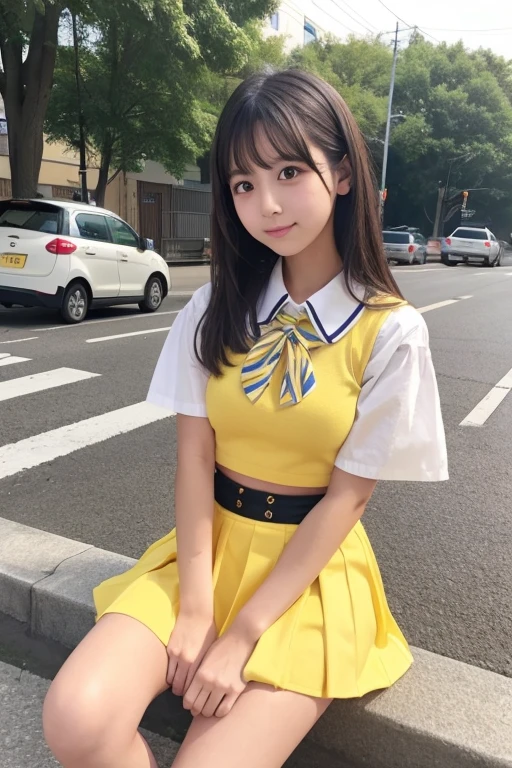 8k、best image quality、masterpiece、summer、Japanese high school girl meets friends while commuting to school。she smiled。、I winked in my right eye.、12age、short hair、clothes with yellow and white lace、mini skirt、Cute ribbon on head、