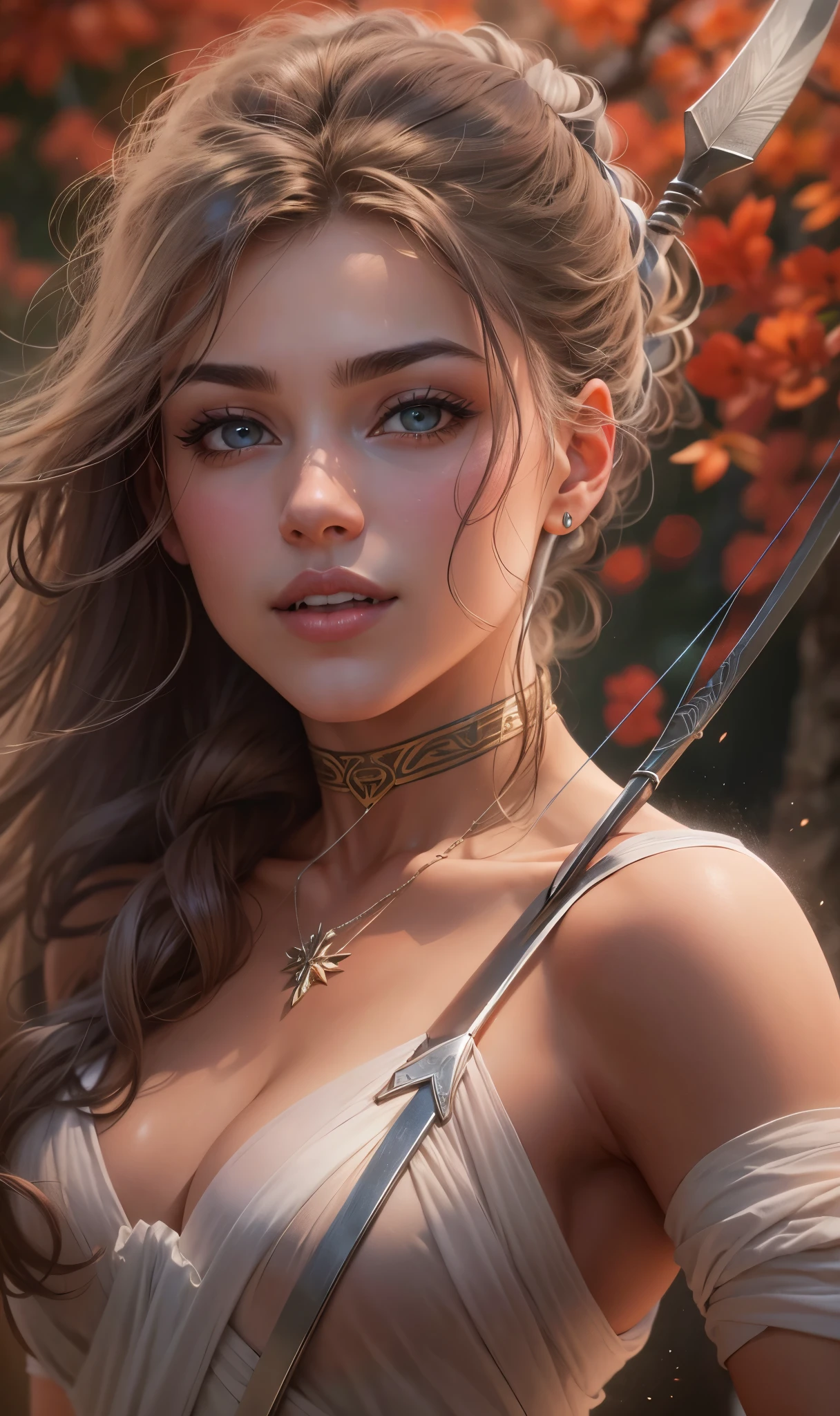 (Ultra Resolution 8K)), the best possible quality, papel de parede com detalhes intrincados, bela mulher, a mais linda de todas, belo rosto, sorriso y, sorriso confiante, expressing determination and courage, corpo perfieito, curvas perfeiras e proporcionais, abdomen liso e intrincado, feminina, sex belos olhos azuis brilhantes,(olhos muito bem detalhados: 1.1), cabelo longo movido pelo vento,(Mythology : 1.1), (bow and arrow in hand: 1.2), (arco a disparar: 1.1), ((arco e flecha no Mao)), ((vestido longo movido pelo vento: 1.1 )), maos detalhadas, segurando o arco, figura bonita, deusa Artemis, deusa, flutuando no ar, obra-prima muito bem detalhada
