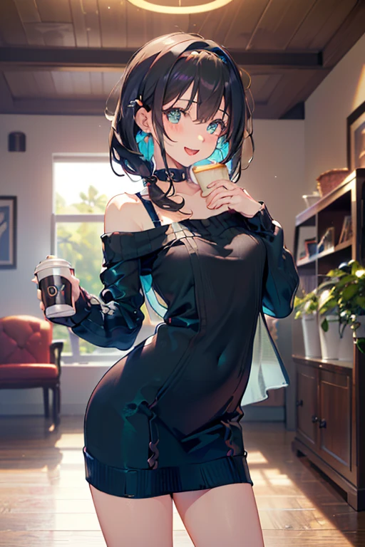 (perky chest:1.2), (pointed chest:1.2),(((Black Tunic:1.3))),(((cakes and bread in the basket),Cute and beautiful girl,Cute round face,Cute smile,with blush cheeks,Red Lip,solo, looking at viewer, open mouth, have a cute grass of cute beergrass,black hair, dark green eyes, dress, bare shoulders, jewelry, collarbone, sidelocks, hairband, earrings, indoors, off shoulder, sweater, arms behind back, plant, short hair with long locks, gild hairband, off-shoulder dress, sweater dress, off-shoulder sweater, black sweater, dark gord hair, big side hair, very long side hair,is rendered in (masterpiece: 1.2, best quality), with (ultra high resolution) and an exquisite (depth of field),(Bangs are see-through bangs),hair pin,hair adornments,detailed clothes features,Detailed hair features,detailed facial features,(Dynamic angles),(Dynamic and sexy poses),Cinematic Light,(masutepiece,top-quality,Ultra-high resolution) ,(The 8k quality,Anatomically accurate facial structure,),(Sea Art 2 Mode:1.3),(Image Mode Ultra HD) ,(Hold a coffee in your hand:1.3),delicate beautiful face, Bright blue eyes, cute eyes, sparkling eyes, Big eyes, (perky chest:1.1), (pointed chest:1.3), looking at viewer,