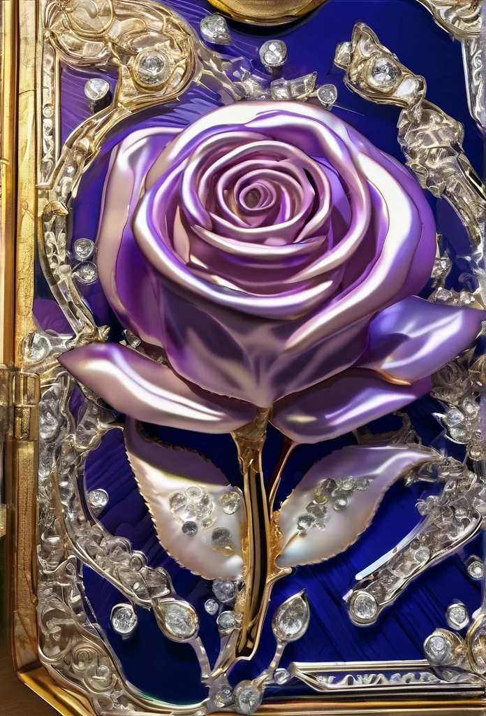 [A 4D Cobalt Blue Translucent Box with intricate patterns glistening in a lavender color], (a flawless white rose in Pure 24kt Gold sits inside with Beautiful Diamonds beneath it, bright, contoured, beveling, mirroring: Highlight features: 1.3),
(RAW photo, 16k, masterpiece, best quality: 1.2), (ultra realism, hyper detailed and intricate realism: 1.3), (wide depth of field, radiant mapping, ray tracing, god rays: 1.2), resting on a wood plank table in  an elaborate environment, High dynamic range, vivid, rich details, clear shadows and highlights, realistic, intense, enhanced contrast,