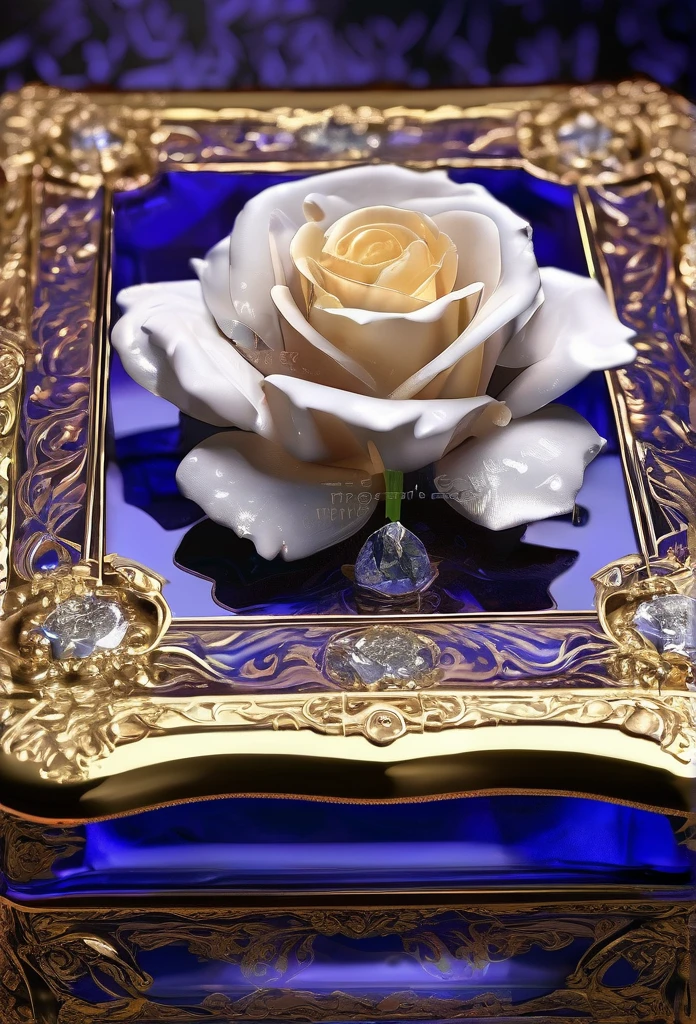 [A 4D Cobalt Blue Translucent Box with intricate patterns glistening in a lavender color], (a flawless white rose in Pure 24kt Gold sits inside with Beautiful Diamonds beneath it, bright, contoured, beveling, mirroring: Highlight features: 1.3),
(RAW photo, 16k, masterpiece, best quality: 1.2), (ultra realism, hyper detailed and intricate realism: 1.3), (wide depth of field, radiant mapping, ray tracing, god rays: 1.2), resting on a wood plank table in  an elaborate environment, High dynamic range, vivid, rich details, clear shadows and highlights, realistic, intense, enhanced contrast,