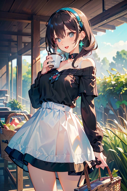 (perky chest:1.2), (pointed chest:1.2),(((Black Tunic:1.3))),(((cakes and bread in the basket),Cute and beautiful girl,Cute round face,Cute smile,with blush cheeks,Red Lip,solo, looking at viewer, open mouth, have a cute grass of cute beergrass,black hair, dark green eyes, dress, bare shoulders, jewelry, collarbone, sidelocks, hairband, earrings, indoors, off shoulder, sweater, arms behind back, plant, short hair with long locks, gild hairband, off-shoulder dress, sweater dress, off-shoulder sweater, black sweater, dark gord hair, big side hair, very long side hair,is rendered in (masterpiece: 1.2, best quality), with (ultra high resolution) and an exquisite (depth of field),(Bangs are see-through bangs),hair pin,hair adornments,detailed clothes features,Detailed hair features,detailed facial features,(Dynamic angles),(Dynamic and sexy poses),Cinematic Light,(masutepiece,top-quality,Ultra-high resolution) ,(The 8k quality,Anatomically accurate facial structure,),(Sea Art 2 Mode:1.3),(Image Mode Ultra HD) ,(Hold a coffee in your hand:1.3),delicate beautiful face, Bright blue eyes, cute eyes, sparkling eyes, Big eyes, (perky chest:1.1), (pointed chest:1.3), looking at viewer,