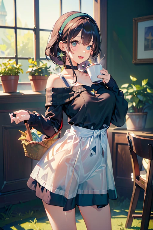 (perky chest:1.2), (pointed chest:1.2),(((Black Tunic:1.3))),(((cakes and bread in the basket),Cute and beautiful girl,Cute round face,Cute smile,with blush cheeks,Red Lip,solo, looking at viewer, open mouth, have a cute grass of cute beergrass,black hair, dark green eyes, dress, bare shoulders, jewelry, collarbone, sidelocks, hairband, earrings, indoors, off shoulder, sweater, arms behind back, plant, short hair with long locks, gild hairband, off-shoulder dress, sweater dress, off-shoulder sweater, black sweater, dark gord hair, big side hair, very long side hair,is rendered in (masterpiece: 1.2, best quality), with (ultra high resolution) and an exquisite (depth of field),(Bangs are see-through bangs),hair pin,hair adornments,detailed clothes features,Detailed hair features,detailed facial features,(Dynamic angles),(Dynamic and sexy poses),Cinematic Light,(masutepiece,top-quality,Ultra-high resolution) ,(The 8k quality,Anatomically accurate facial structure,),(Sea Art 2 Mode:1.3),(Image Mode Ultra HD) ,(Hold a coffee in your hand:1.3),delicate beautiful face, Bright blue eyes, cute eyes, sparkling eyes, Big eyes, (perky chest:1.1), (pointed chest:1.3), looking at viewer,
