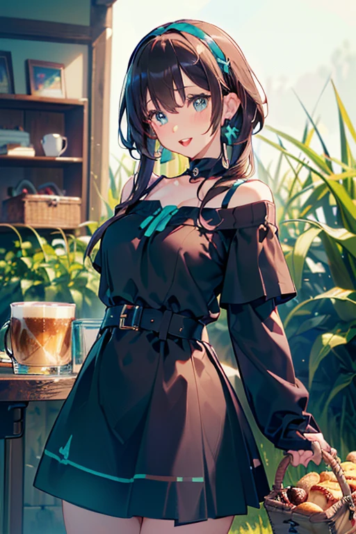 (perky chest:1.2), (pointed chest:1.2),(((Black Tunic:1.3))),(((cakes and bread in the basket),Cute and beautiful girl,Cute round face,Cute smile,with blush cheeks,Red Lip,solo, looking at viewer, open mouth, have a cute grass of cute beergrass,black hair, dark green eyes, dress, bare shoulders, jewelry, collarbone, sidelocks, hairband, earrings, indoors, off shoulder, sweater, arms behind back, plant, short hair with long locks, gild hairband, off-shoulder dress, sweater dress, off-shoulder sweater, black sweater, dark gord hair, big side hair, very long side hair,is rendered in (masterpiece: 1.2, best quality), with (ultra high resolution) and an exquisite (depth of field),(Bangs are see-through bangs),hair pin,hair adornments,detailed clothes features,Detailed hair features,detailed facial features,(Dynamic angles),(Dynamic and sexy poses),Cinematic Light,(masutepiece,top-quality,Ultra-high resolution) ,(The 8k quality,Anatomically accurate facial structure,),(Sea Art 2 Mode:1.3),(Image Mode Ultra HD) ,(Hold a coffee in your hand:1.3),delicate beautiful face, Bright blue eyes, cute eyes, sparkling eyes, Big eyes, (perky chest:1.1), (pointed chest:1.3), looking at viewer,