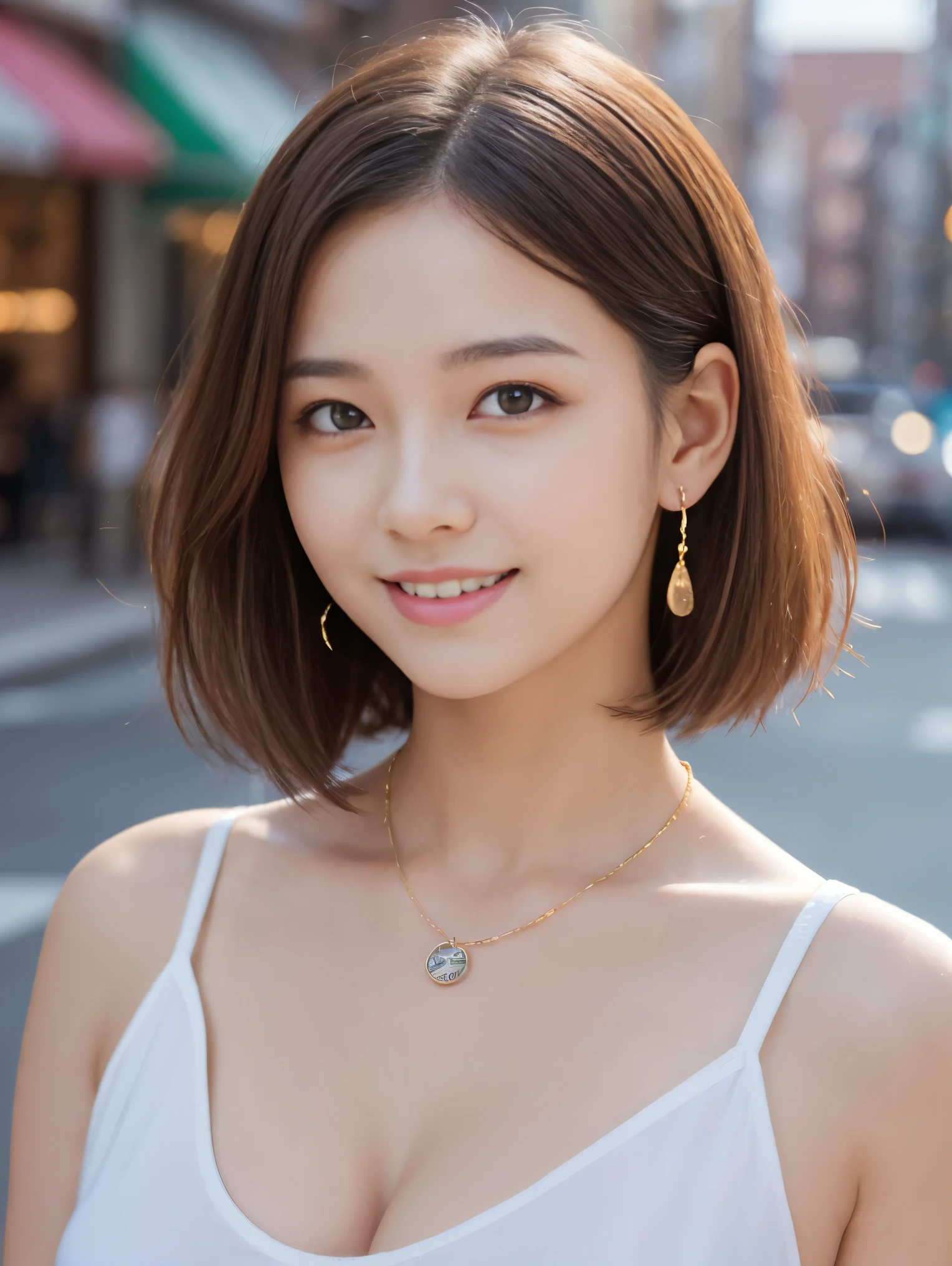 masterpiece, highest quality, 8k, disorganized person, (Upper Body:1.4), White shirt, Beautiful girl, Beautiful face, Looking at the audience, smile, Ultra-realistic, High resolution, picture, The focus was clear, High resolution, Face Light, Dynamic Lighting, Cinema Lighting, Professional Shadow, Beautiful cityscape background, Best details, Very detailed, Very detailed, Finely detailed, Real Skin, Delicate facial features, Detailed face and eyes, Sharp pupils、Realistic students、short hair、smile、Japanese girl、16 years old、Cleavage、White shirt、round face、Idol face、necklace、Ring earrings、short hair
