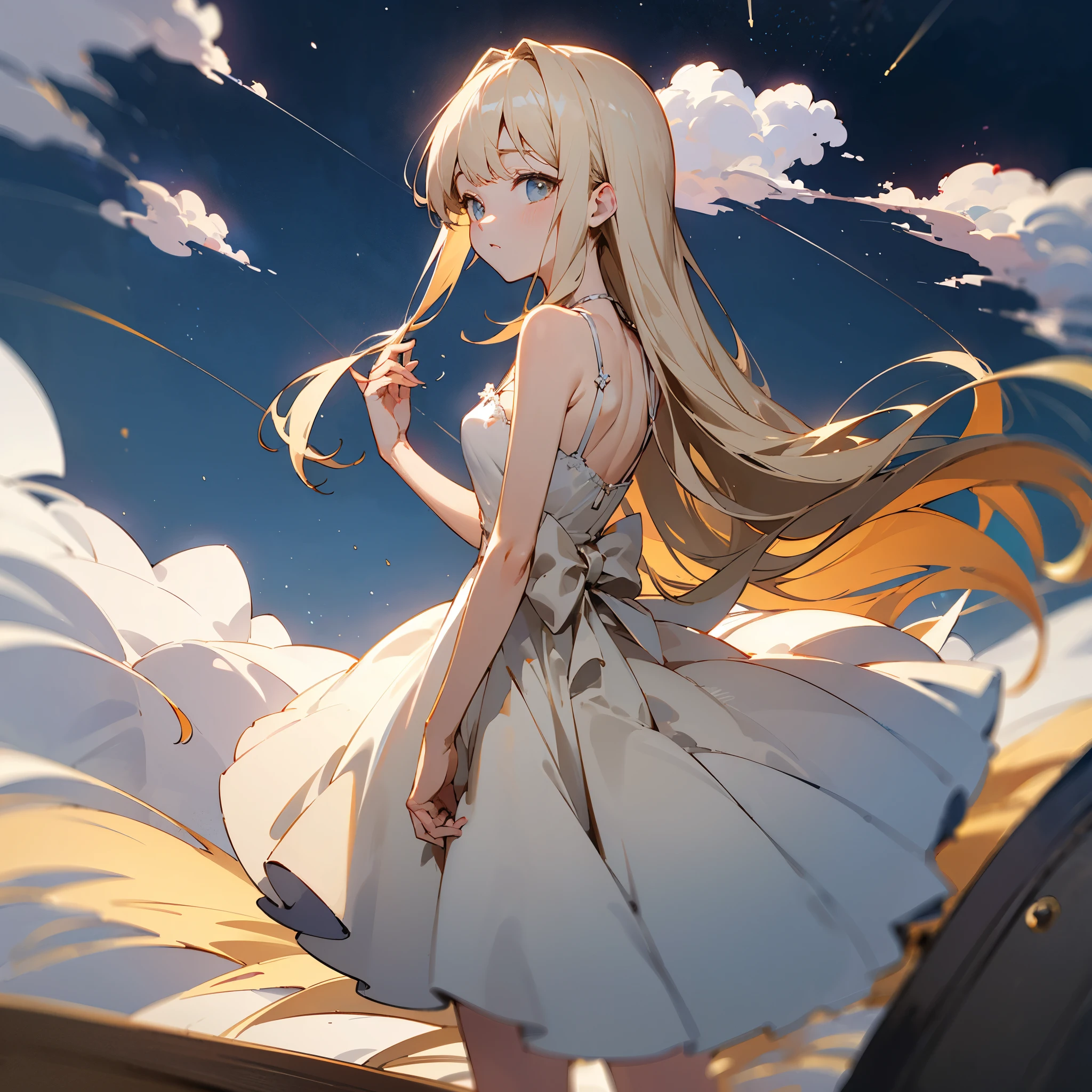 Anime Images、Looking up at the night sky、Hair Color Beige、Eye colorBlue、White dress、Cami dress、Bangs、long hair、No drinks、whole body、18-year-old、Empty-handed、Hands Behind Back、Back view、