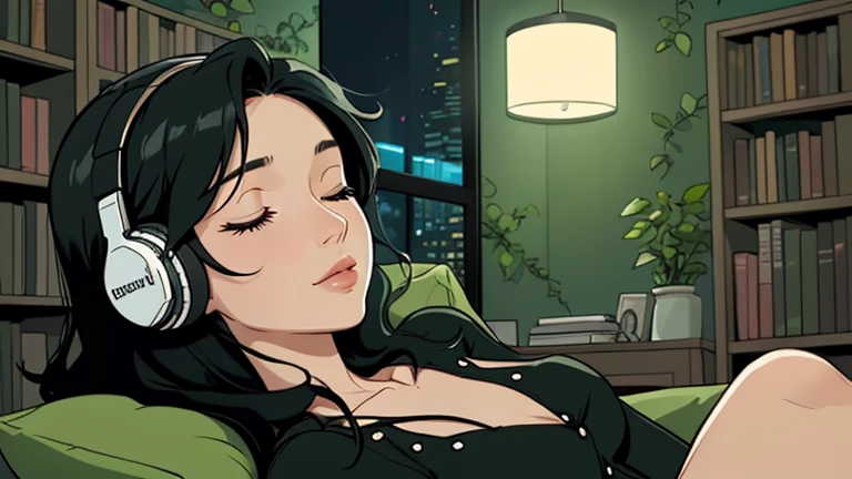 Beautiful woman in her 30s with black hair is sitting on the sofa with her eyes closed. and wearing headphones listening to music. Looking up, eyes closed, LOFI girl, alone in the room, V-neck blouse, cozy wallpaper, big cushion, bookshelf, relaxing mood, night core, cozy, wide glass window with skyscrapers, outside view at night, only five fingers, dark room, green wall,