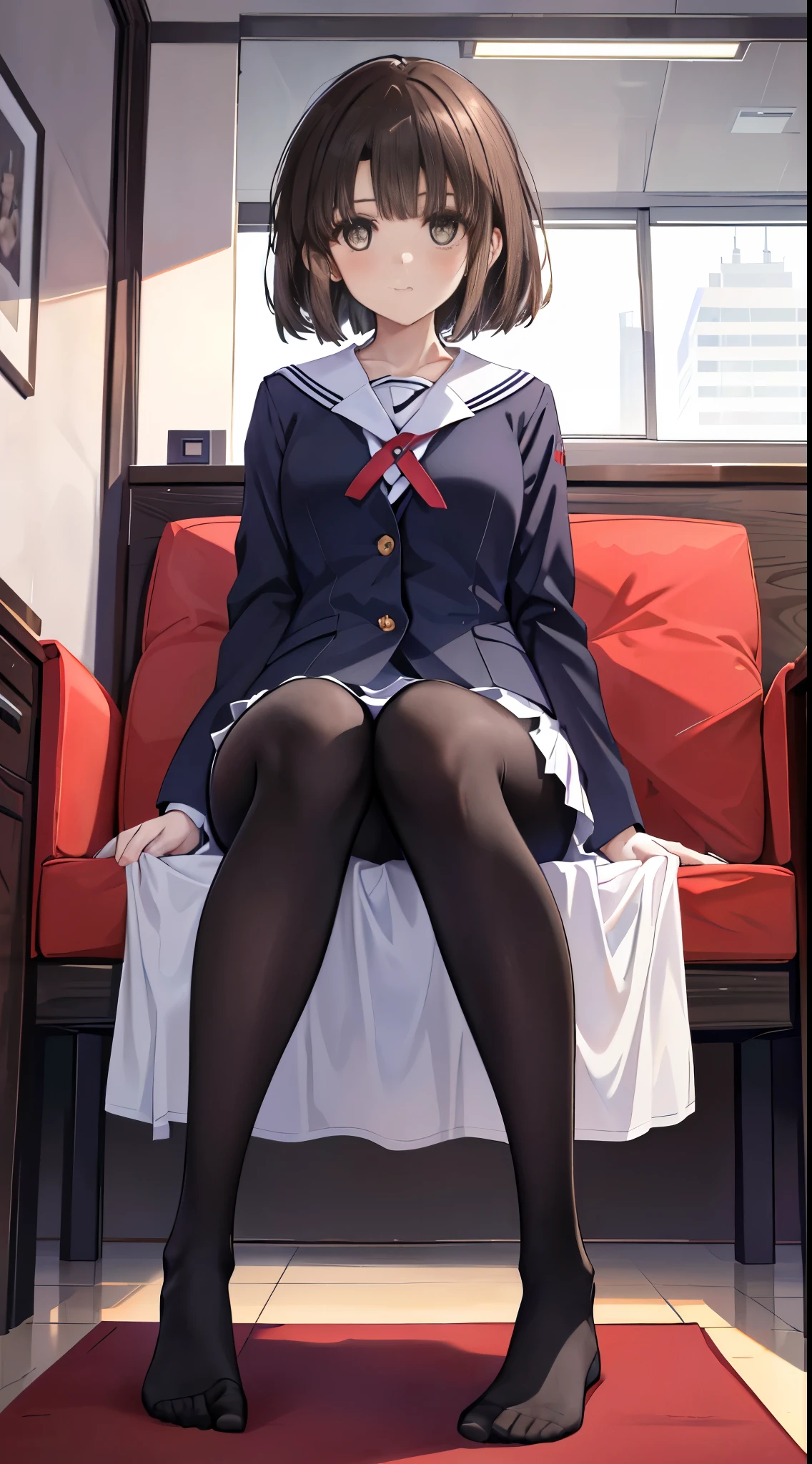 Top quality, masterpiece, High resolution, (Head to toe full body), front, frontやや下からの構図, Symmetric, Tall 18 year old girl, alone, (Head to toe), (Small breasts), Unkempt brown hair, bangs, (black tights), (Black Pantyhose), (Sit with your legs apart), (Crouching pose), (Composition showing white panties), (her legs spread、White panties are visible.), (Sit on the floor with your legs spread), (M-shaped foot), Thin legs, A very beautiful and tall 18 year old girl, (No shoes), blush, Shy big eyes, looking at the camera, Blazer uniform, Checkered pleated skirt