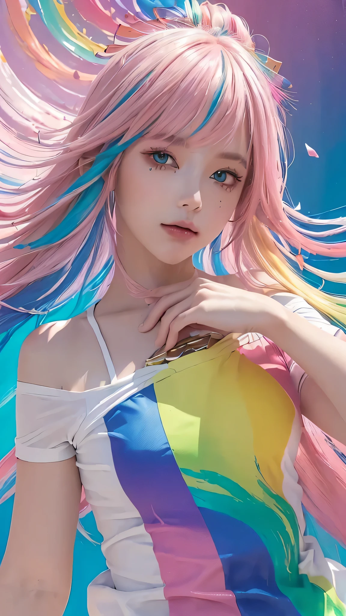 (Pink fashion T-shirt:1.9),(colored hair:1.9),(All colors of the rainbow:1.9),(((vertical painting:1.6)),(:1.6),front,comics,illustration,,big eyes,crystal clear eyes,(Rainbow colored semi-long hair:1.7),exquisite cosmetics,Shut your mouth,(Small fresh:1.5),(Wipe your chest:1.6),long eyelashes,White shoulder。,White shoulder sleeve shirt,looking at the audience,blue eyes,(rainbow colour hair:1.6),color splotches,(solo:1.8),color splotches,color splotches,color explosion,Thick lacquer style,Messy lines,((Shiny),(color),(color),(color),(color),color,Thick lacquer style,(color splotches),(color)splash,vertical,Upper body,Paintworksplash,acrylic paint,gradient,Paintwork,Highest image quality,highest quality,masterpiece,solo,depth of field,Topcoat,Colorful clothes,(grace:1.2),gorgeous,lwind, (Elegant: 1.3), (Petals: 1.4)，(((masterpiece))),(((best quality))),((ultra-detailed)),(illustration),(dynamic angle),((floating)),(paint),((disheveled hair)),(solo),(1girl) , (((detailed anima face))),((beautiful detailed face)),collar,bare shoulders,blue hair, ((colorful hair)),((streaked hair)),beautiful detailed eyes,(Gradient color eyes),(((colorful eyes))),(((colorful background))),(((high saturation))),(((surrounded by colorful splashes))),(((colorful background))),(((high saturation))),(((surrounded by colorful splashes))),(((colorful background))),(((high saturation))),(((surrounded by colorful splashes))),