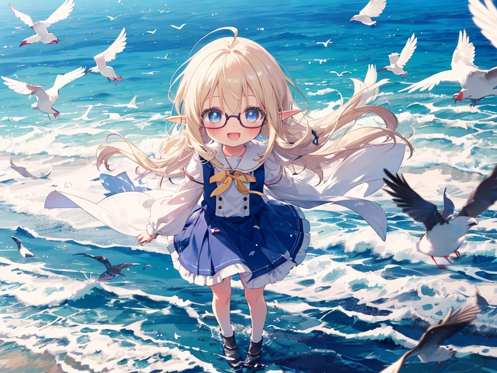 sky, flying, (()), ((loli:1.5)),(solo)), blue eyes, beautiful detailed eyes, glossy blonde hair, ahoge, long hair, glasses, elf, blush, happy smile, full body, ((windy:1.5)), ((birds)), :d, spread arms, ((from above)), angel wings