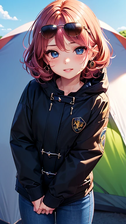A girl is posing for a photo,pretty girl,Enchanting girl,Anime Girls,
(((One Girl,16 years o thick parka with a flashy design、Black damaged jeans、sneakers)))、(((Put sunglasses on your forehead)))、Loop Earrings、
BREAK
(Beautiful Hair,Shiny Hair),(Pink Hair、Curly hair、Shaggy Hair、Very short hair),
(Expression of fine eyes,Beautiful and delicate eyes,Sparkling eyes,Eye Reflexes),(black eye),
double eyelid,Long eyelashes,
(Beautiful Nose,Thin Nose),
(Glossy lips,Beautiful Lips,Thick lips),
(Symmetrical facial features,Perfect Face),(((Detailed skin,Oily skin,Textured skin,Beautiful Skin))),
break
(smile、Embarrassed),
(noon、(camp site、tent、blue sky)),((Are standing、Cowboy Shot)),
break
(((highest quality)),((masterpiece)),(Very detailed),(High resolution)),(8k),((Line art)),