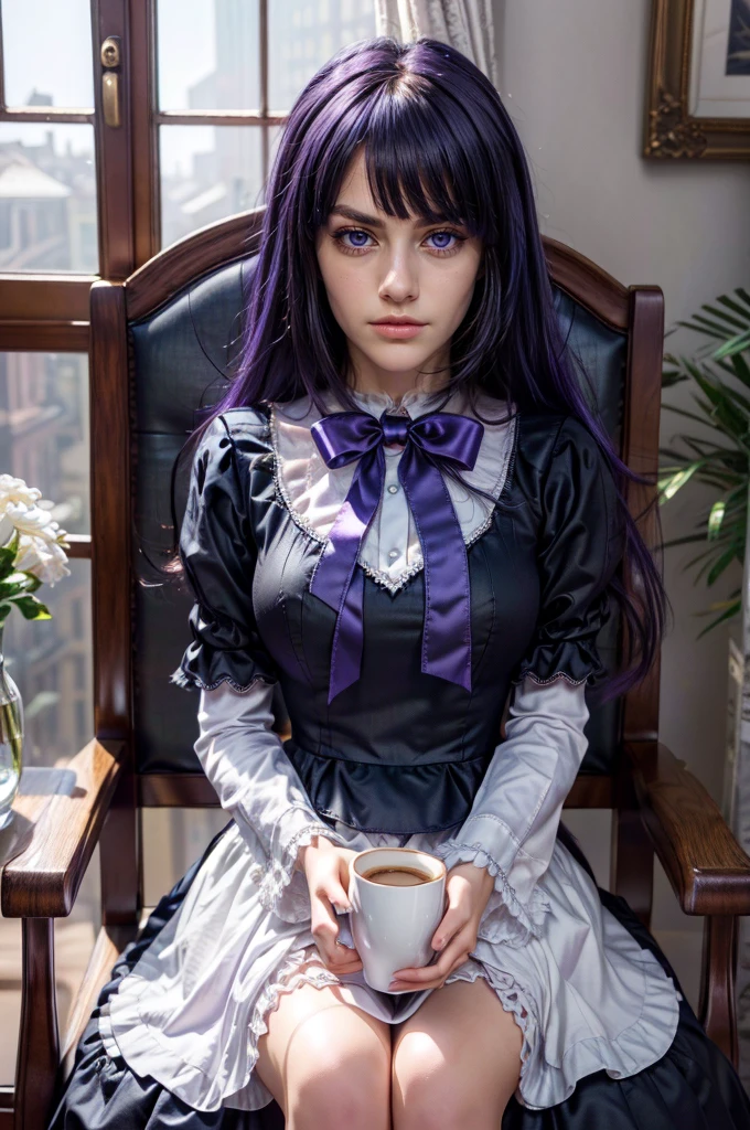ultra-detailed, Beautiful Nose, Beautiful character design, perfect eyes, perfect face, ultra highres, girl in a chair with a cup of coffee, professional cosplay, HD Raw Photography, professional photoshoot, a cute girl, cosplay of anime girl in a maid costume, high detailed photo, in dress, frederica bernkastel, purple eyes, purple hair, long hair, 16K CGI, photorealistic, purple bow, dress, frills, empty eyes, expressionless, Masterpiece