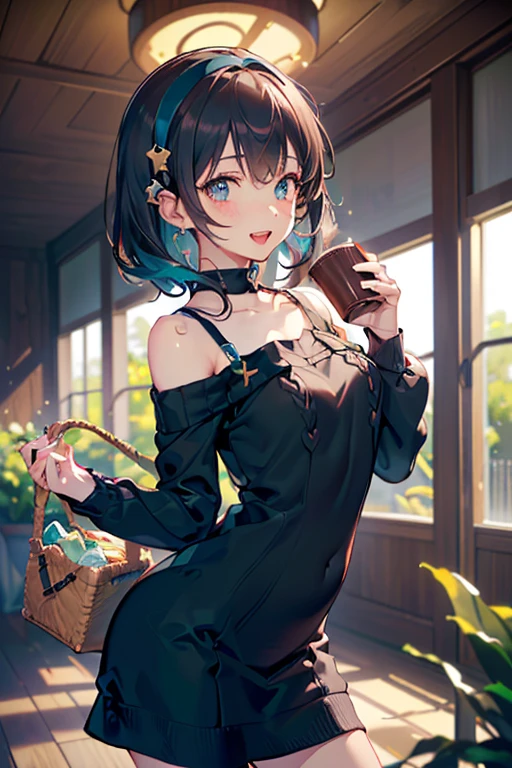 (perky chest:1.2), (pointed chest:1.2),(((Black Tunic:1.3))),(((cakes and bread in the basket),Cute and beautiful girl,Cute round face,Cute smile,with blush cheeks,Red Lip,solo, looking at viewer, open mouth, have a cute grass of cute beergrass,black hair, dark green eyes, dress, bare shoulders, jewelry, collarbone, sidelocks, hairband, earrings, indoors, off shoulder, sweater, arms behind back, plant, short hair with long locks, gild hairband, off-shoulder dress, sweater dress, off-shoulder sweater, black sweater, dark gord hair, big side hair, very long side hair,is rendered in (masterpiece: 1.2, best quality), with (ultra high resolution) and an exquisite (depth of field),(Bangs are see-through bangs),hair pin,hair adornments,detailed clothes features,Detailed hair features,detailed facial features,(Dynamic angles),(Dynamic and sexy poses),Cinematic Light,(masutepiece,top-quality,Ultra-high resolution) ,(The 8k quality,Anatomically accurate facial structure,),(Sea Art 2 Mode:1.3),(Image Mode Ultra HD) ,(Hold a coffee in your hand:1.3),delicate beautiful face, Bright blue eyes, cute eyes, sparkling eyes, Big eyes, (perky chest:1.1), (pointed chest:1.3), looking at viewer,