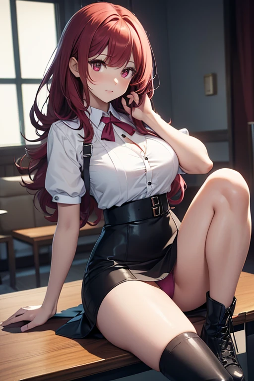 /(Girl),(pretty),(long red hair and red eyes with green eye iris),(super pretty),(super large body),(structured body),(with slender body),(Black skin color),(with super large breasts),(sexy ass),(wearing),+,(a clothe provocative and revealing. She wear a {pink blouse} well Short that only covers part of her breasts, tied with a knot in the front, highlighting your cleavage. The blouse has short sleeves and partially open, leaving the sides of your breasts exposed. She also wears a mini very short purple pencil skirt, which reveals almost everything Upper of your thighs. Per under her skirt, Ochaco wears a visible white panties in one of the scenes. On the feet, she wears brown boots short ankle boots with medium heels. In addition, she is wearing white 3/4 socks that reach a little higher of the knees. Your hair is in the usual style, a little above her shoulders, and she displays a mixed expression of embarrassment and surprise.)