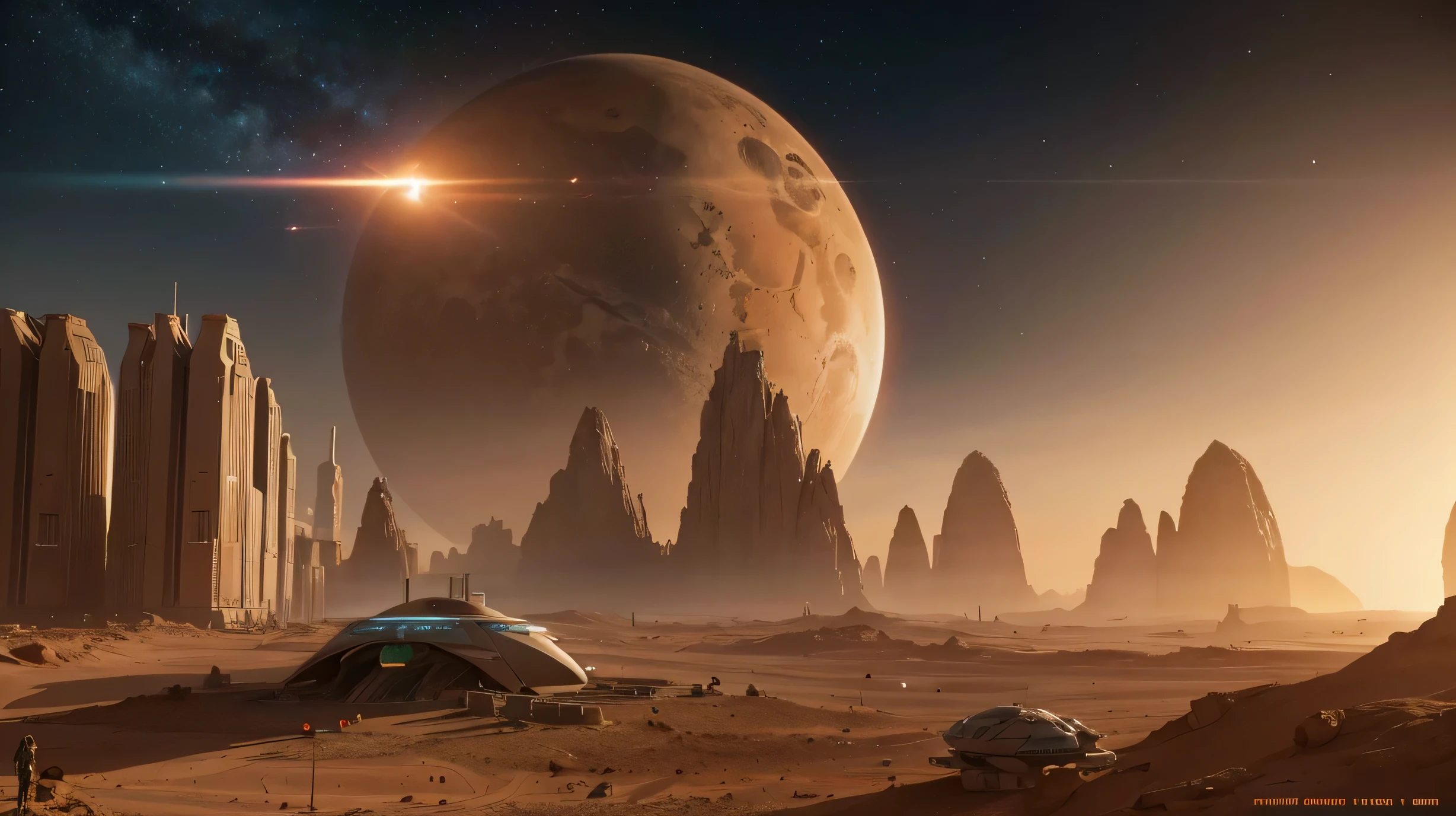 Future cities on planet,A spaceship in the background, Martian colony, Mars base, Mars City, Terraforming Mars, Mars City, 8k high detail concept art, Future Spaceport, astronauts and space colonies, Colonies on Mars, star citizen origin 100i, star citizen, 8k concept art, 8k concept art