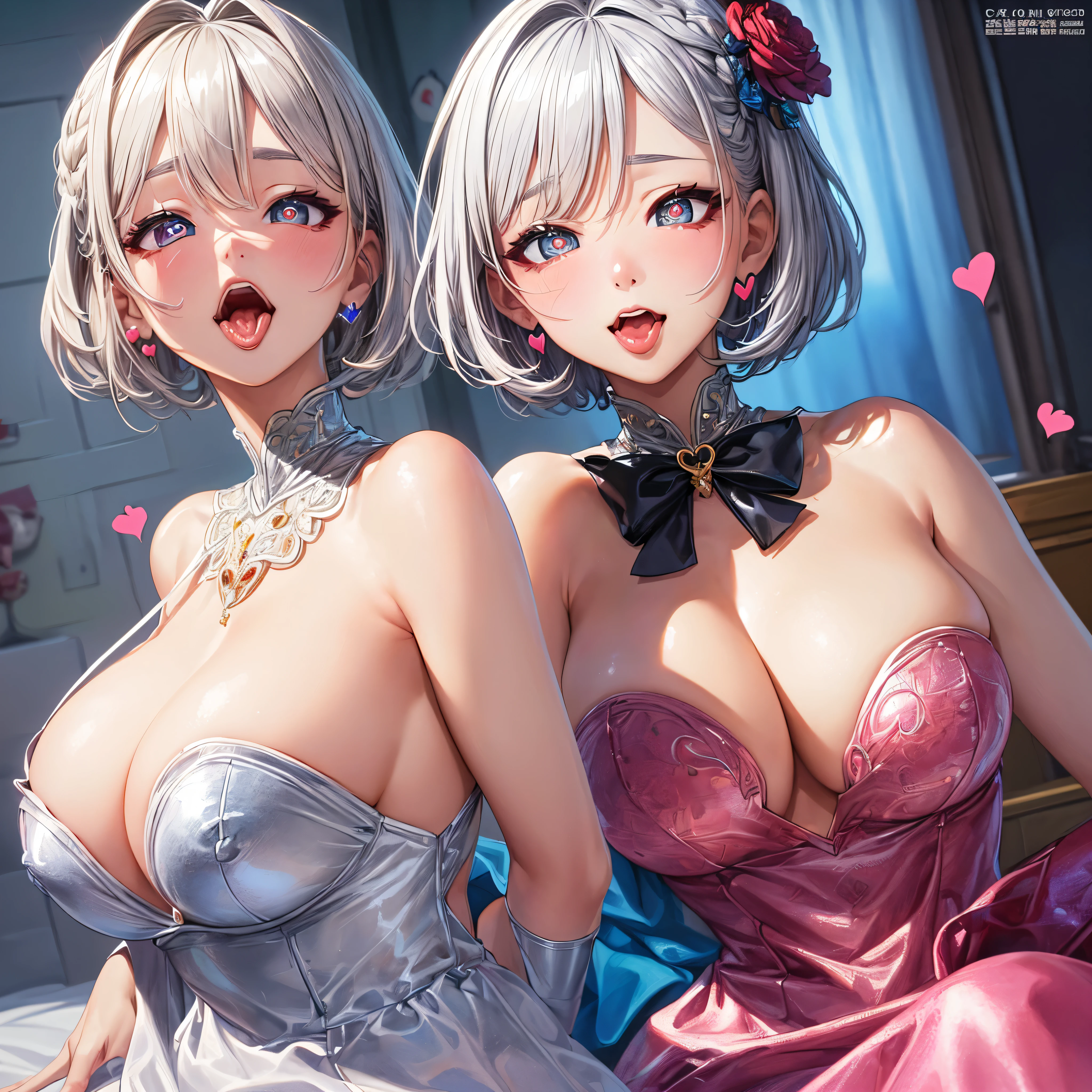 (highest quality、masterpiece、Super detailed),((super fine illustration)),((,highly detailed skin)), 1 girl、Short Bob Hair、Silver Hair、Braiding、Ahoge、busty,((shiny skin))、(bedroom)、Detailed Background、(Heart-shaped pupils、Ahegao、Party Dresses:1.3),Detailed face