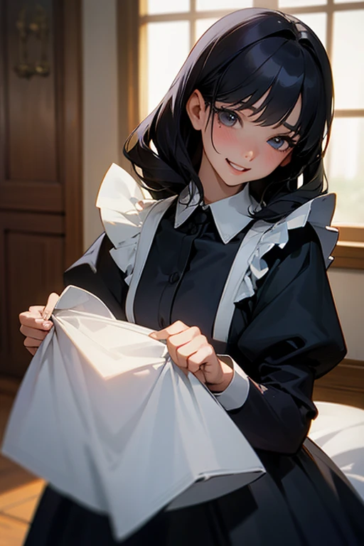 (Highest Resolution, clear_image) highest quality, One woman, alone, masterpiece, Very detailed, Semi-realistic, Black Hairのショートヘア, Black Hair, bangs, 18-year-old, mature, light blue uniform, uniform, Indoor Background, kind, Authoritative, Powerful, exquisite features, exquisite features、Eyelashes become longer、Showing teeth、smile😀、Maid clothes、woman'Fingers in the、Sleeping on the sofa、Long Hair、Fluttering in the wind、Navy blue clothes、Long Hair、