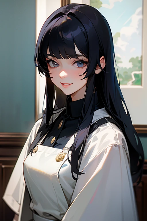 (Highest Resolution, clear_image) highest quality, One woman, alone, masterpiece, Very detailed, Semi-realistic, Black Hairのショートヘア, Black Hair, bangs, 18-year-old, mature, light blue uniform, uniform, Indoor Background, kind, Authoritative, Powerful, exquisite features, exquisite features、Eyelashes become longer、Showing teeth、smile😀、Maid clothes、woman&#39;Fingers in the、Sleeping on the sofa、Long Hair、Fluttering in the wind、Navy blue clothes、Long Hair、