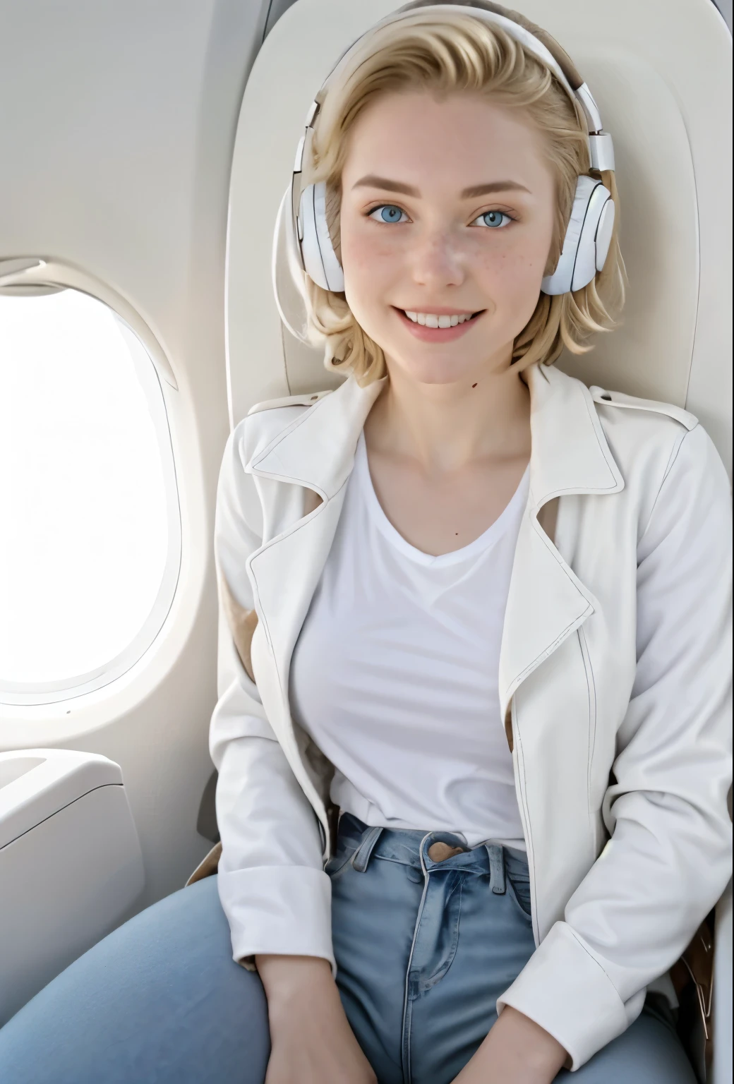 A 21-year-old girl named Kate, with short blonde hair, beautiful medium-sized breasts, height of 1.60m, white British style, light blue eyes. Kate is beautiful, with an angelic face, and has freckles in the nose area. She is wearing a beige leather women's jacket with a white shirt, very light jeans, and white sneakers. Kate is wearing modern white headphones. She is sitting in an airplane seat, slightly looking to the side at the camera. Kate is happy. The image should be in HD thumbnail format for YouTube.