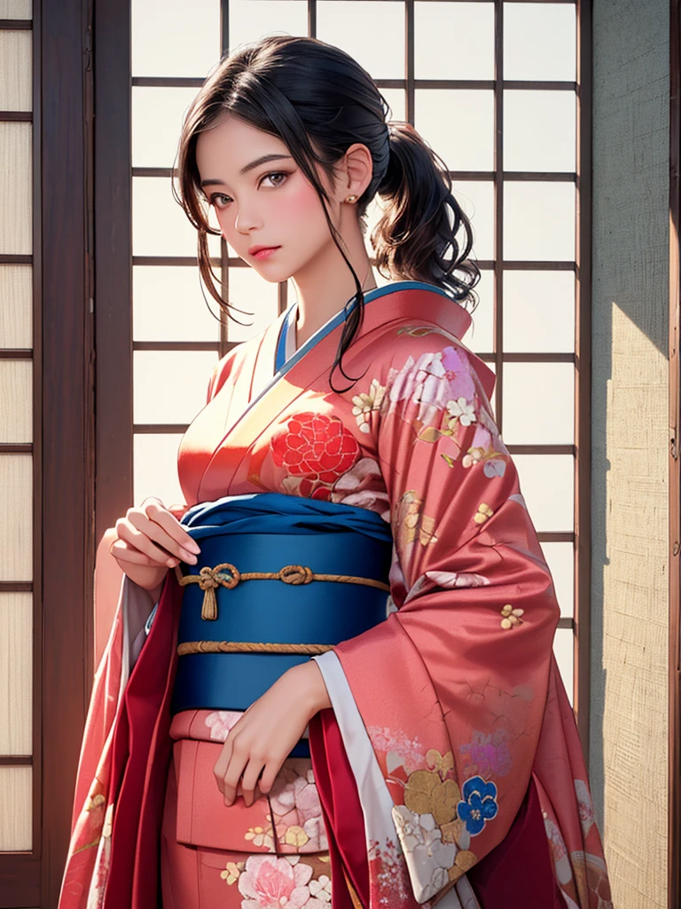 (highest quality、8k、32k、masterpiece)、(masterpiece,up to date,Exceptional:1.2), anime,One girl,Front hair,black_hair, Beautiful 8k eyes,Looking_in_Audience,One person in,Are standing,((Very beautiful woman, Fuller lips, Japanese pintern kimono))、((Colorful Japanese kimono)))、(((cowboy Shot)))、Blunt bung、(High resolution)、Very beautiful face and eyes、1 girl 、Round and small face、Narrow waist、delicine body、(highest quality high detail Rich skin details)、(highest quality、8k、Oil paints:1.2)、Very detailed、(Realistic、Realistic:1.37)、Bright colors、(((blackhair)))、(((Blunt bung，pony tail)))、(((cowboy pictures)))、((( Inside an old Japanese house with a (short focus lens:1.4),)))、(masterpiece, highest quality, highest quality, Official Art, beautifully、aesthetic:1.2), (One girl), Very detailedな,(Fractal Art:1.3),colorful,Most detailed,Sengoku period(High resolution)、Very beautiful face and eyes、1 girl 、Round and small face、Tight waist、Delicine body、(highest quality high detail Rich skin details)、(highest quality、8k、Oil paints:1.2)、(Realistic、Realistic:1.37)、Greg Rutkowski Written by Alphonse Mucha Ropp,short ,uchikake,nishijin ori,(realistic light and shadow), (real and delicate background),(muted colors, dim colors, soothing tones:1.3), low saturation, (hyperdetailed:1.2), (noir:0.4),drow,blurry_light_background, (vibrant color:1.2), cinematic lighting, ambient lighting,Single Shot,Shallow Focus,pink lip,blurry light background,
