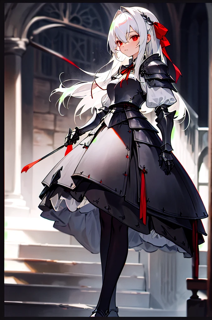 beautiful girl, , Black Legwear, , hair red eyes, White hair, Ribbon, single staircase, permanent，knight，middle Ages，armor