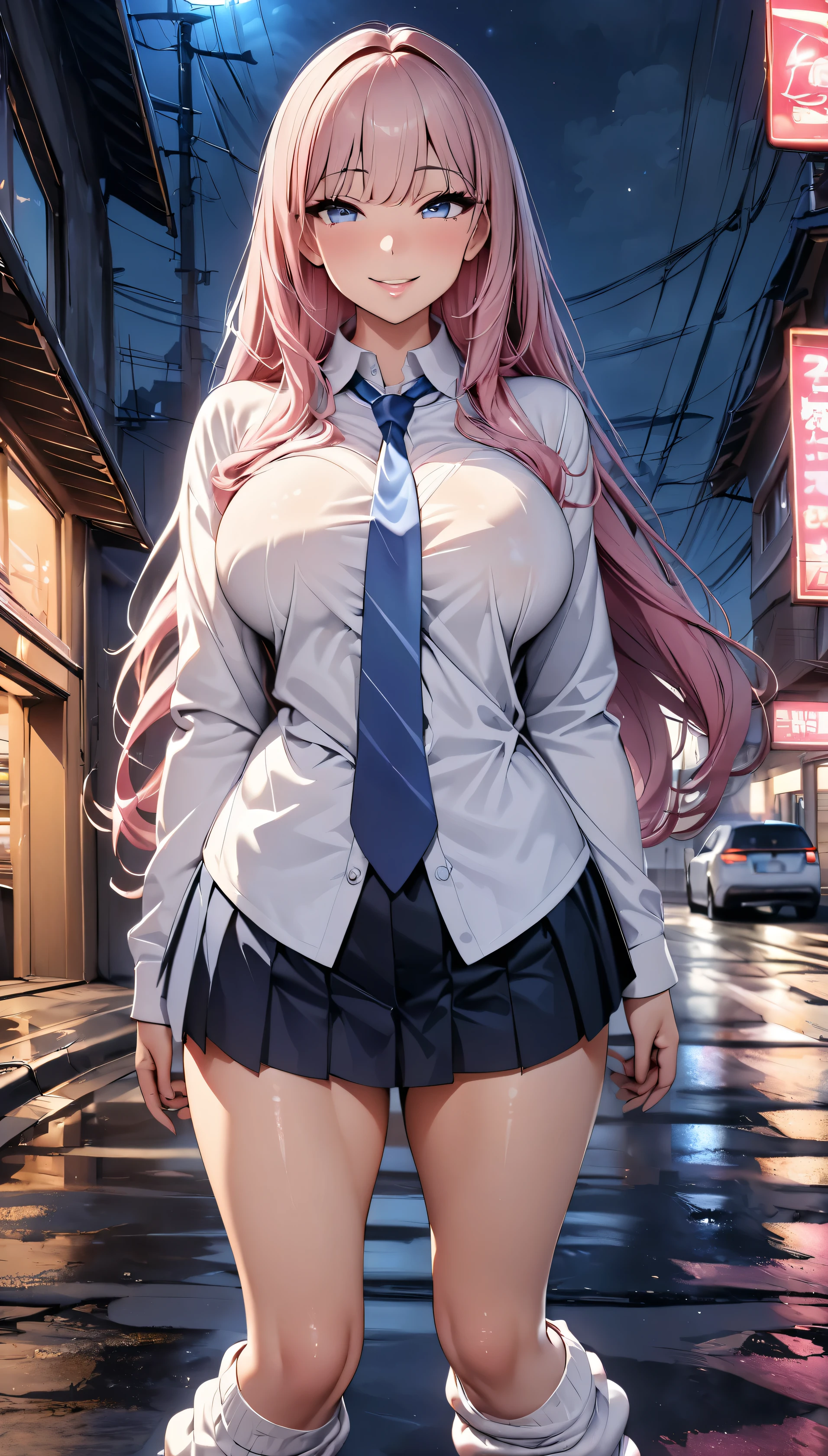 (highest quality, 4k, 8K, High resolution, masterpiece:1.2), Super detailed, suburbs, main road, night time, (1 person, , big breasts, blazer, open the front, white shirt, blue tie, pleated skirt, mini skirt, loose socks), (smile), glossy lips, soft lips, view audience, pink hair, long straight hair, cute, genuine, young beauty, close-up shot of face,