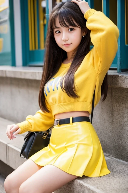 photorealistic perfect body、(huge breasts)、(cleavage:1.2)、(narrow waist:1.5)、(yellow shirt with open heart:1.5)、(plaid micro mini skirt:1.5)、(chain belt:1.5)、(knee high boots:1.5)、(one girl:1.9)、Super high quality、Ultra-high realistic image quality、(colorful hair:1.6)、Japanese、teenage face、baby face、In the city with nice weather、(very tanned brown skin:1.5)、dark eye shadow、thick eyeliner、gal style earrings、gal style necklace、gal style bracelet、gal makeup、whole body