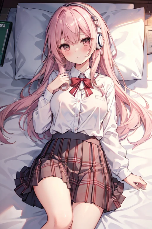 (8k、highest quality、masterpiece:1.2)、Illustration touch、Ultra-detailed、Super A High Resolution、Light pink hair、long hair、Headphones、One woman in uniform、High 、White long sleeve shirt、White long sleeve blouse、Small red ribbon on chest、Red tartan check skirt、タータンチェックmini skirt、mini skirt、White Pantyhose、Lying exhausted in bed、Inner thighs、Slender figure、White panties、Nipples are erect、The blouse buttons are transparent、(School uniform:1.4)、Blushing and embarrassed expression、Hollow Eyes、Pulling up her skirt