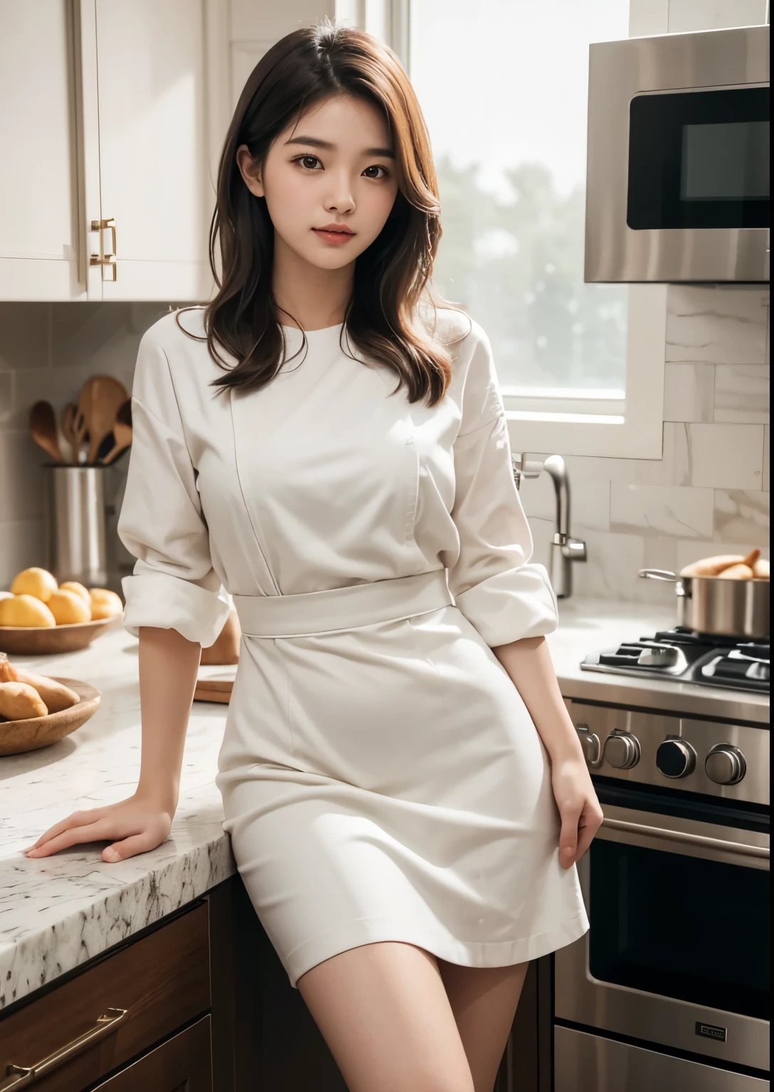A beautiful, cute and sweet 18-year-old Korean girl in a luxury kitchen, wearing an above-knee length dress, busy cooking, (best quality,4k,8k,highres,masterpiece:1.2),ultra-detailed,(realistic,photorealistic,photo-realistic:1.37),extremely detailed eyes and face, beautiful detailed eyes, beautiful detailed lips, longeyelashes, high-end kitchen interior, luxury cookware, ingredients on the counter, natural lighting, warm color tones, soft focus, elegant, refined, high-end, culinary, cooking, portrait