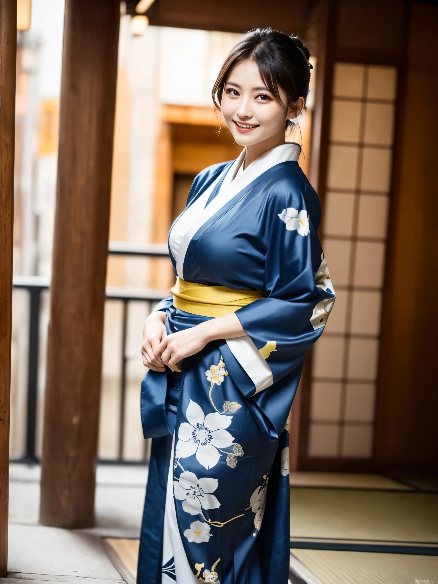 (((masterpiece))), (((highest quality: 1.4))), ((Very detailed: 1.4)) ,One Woman、Very detailed目と顔, Beautiful and detailed, ((arafed asian woman in a blue kimono posing for a picture, in kimono, classy yukata, wearing royal kimono, pale and coloured kimono, in a kimono, Elegant Japan Woman, wearing kimono, wearing a haori, wearing a kimono, Traditional Japanese, yukata, takada akemi, japanese kimono, kimono, Japanese Goddess, [32k High Definition]^10, shikamimi, Large file size, High resolution, Very detailed, highest quality, [masterpiece:1.6], Consciousness upward, Very detailed, In detail, highest quality, 8k wallpaper, Cinema Lighting, Cute droopy eyes、Beautiful large eyepiece)), highest quality, One Mature Woman, eye shadow, Portraiture, ((Full Body Shot:1.3))、(A very loving smile:1.2)、Natural Skin Shader, Volumetric, Warm shades beneath her skin, 