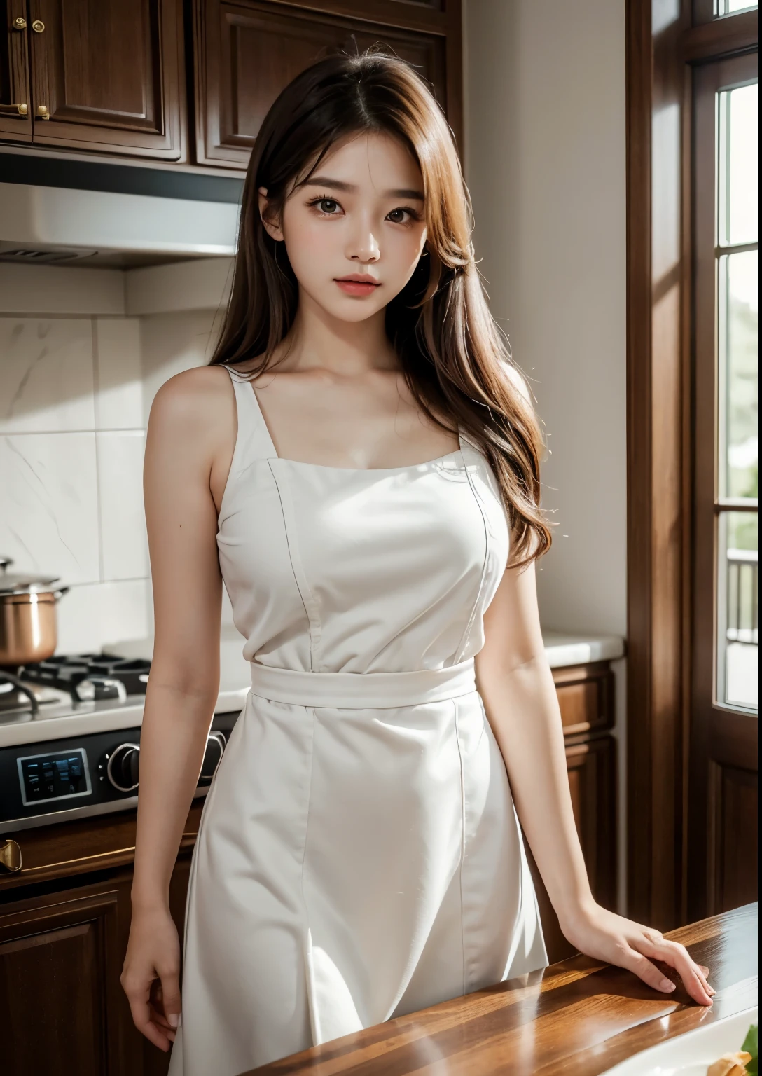 A beautiful, cute and sweet 18-year-old Korean girl in a luxury kitchen, wearing an above-knee length dress, busy cooking, (best quality,4k,8k,highres,masterpiece:1.2),ultra-detailed,(realistic,photorealistic,photo-realistic:1.37),extremely detailed eyes and face, beautiful detailed eyes, beautiful detailed lips, longeyelashes, high-end kitchen interior, luxury cookware, ingredients on the counter, natural lighting, warm color tones, soft focus, elegant, refined, high-end, culinary, cooking, portrait