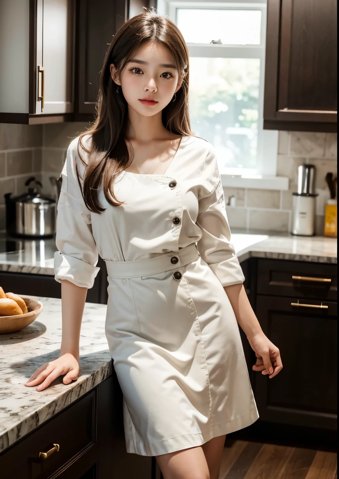 A beautiful, cute and sweet 18-year-old Korean girl in a luxury kitchen, wearing an above-knee length dress, busy cooking, (best quality,4k,8k,highres,masterpiece:1.2),ultra-detailed,(realistic,photorealistic,photo-realistic:1.37),extremely detailed eyes and face, beautiful detailed eyes, beautiful detailed lips, longeyelashes, high-end kitchen interior, luxury cookware, ingredients on the counter, natural lighting, warm color tones, soft focus, elegant, refined, high-end, culinary, cooking, portrait