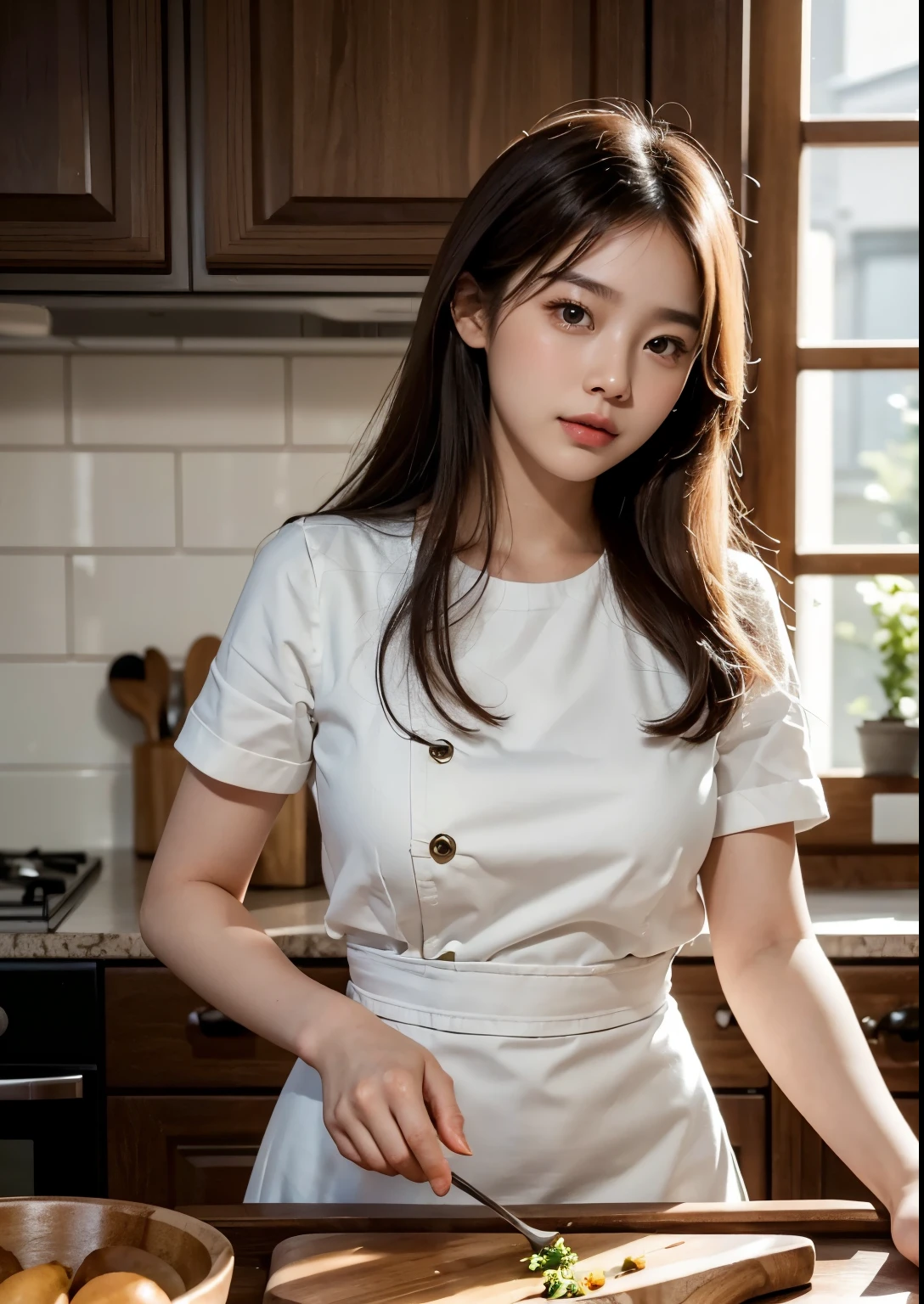 A beautiful, cute and sweet 18-year-old Korean girl in a luxury kitchen, wearing an above-knee length dress, busy cooking, (best quality,4k,8k,highres,masterpiece:1.2),ultra-detailed,(realistic,photorealistic,photo-realistic:1.37),extremely detailed eyes and face, beautiful detailed eyes, beautiful detailed lips, longeyelashes, high-end kitchen interior, luxury cookware, ingredients on the counter, natural lighting, warm color tones, soft focus, elegant, refined, high-end, culinary, cooking, portrait