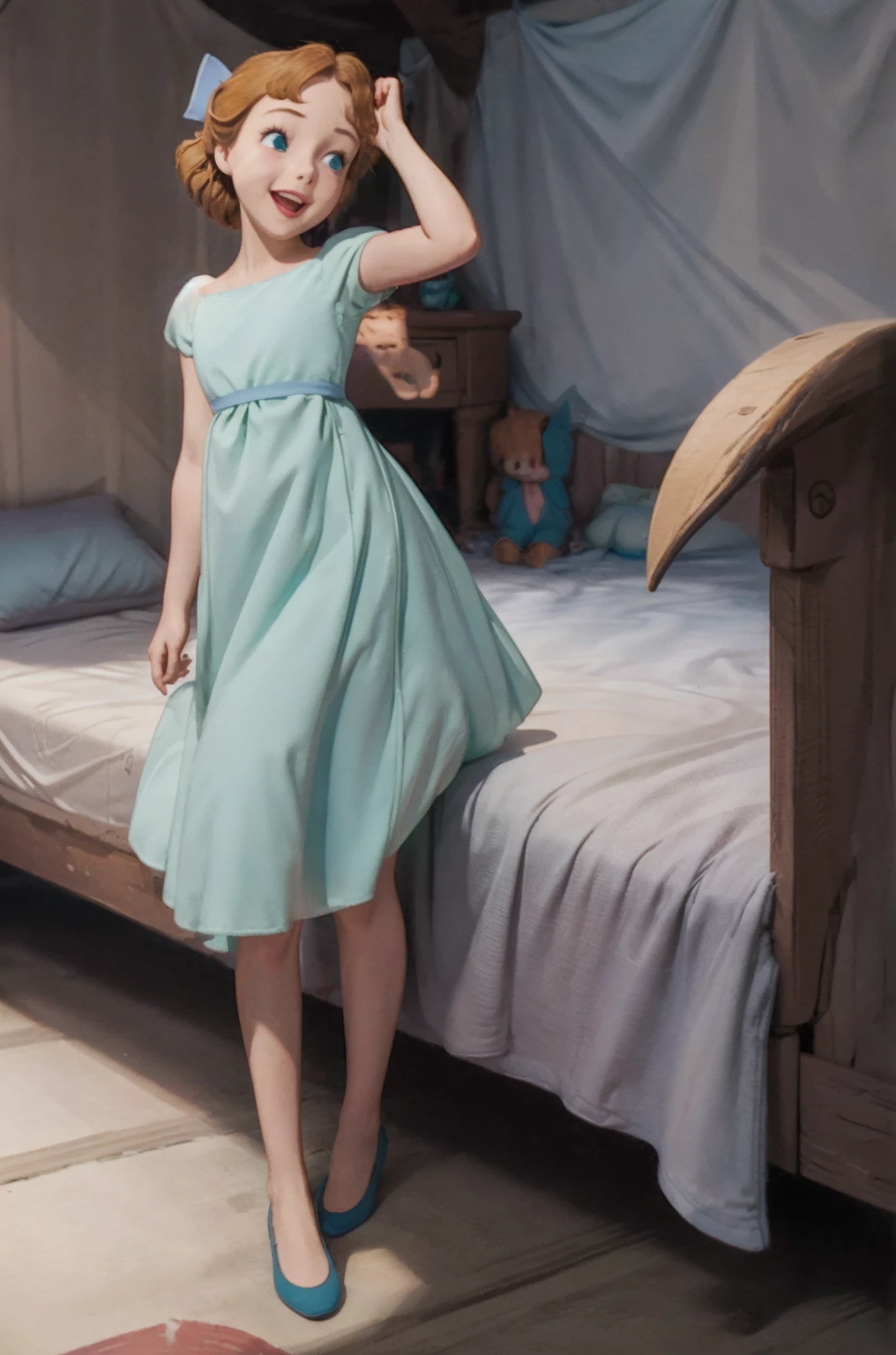 (masterpiece:1.4), (best qualit:1.4), (high resolution:1.4), wendy darling, bow, nightgown, standing on bed, happy,