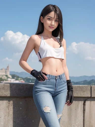 a lot of details, (underweight), 30 years old, detailed black hair, beautiful detailed hair, super fucking beautiful, delicate beautiful face, complex details beautiful and delicate eyes, perfect hands, (flat chest best quality:1.5), perfect and delicate limbs, detailed skin, best quality, ultra-detailed,(cheerful grin:1.3),android 18, female focus on, Girls' Front, hand on hip, short hair with long locks, piercing, gloves, white t-shirt, jeans, shoes, Bare shoulder, The castles are on the clouds,