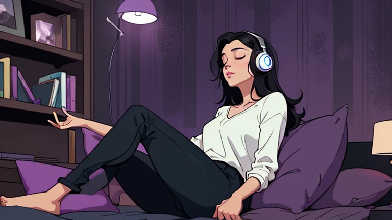 Beautiful woman in her 30s with black hair is sitting on the bed with her eyes closed. and wearing headphones listening to music. Looking up, eyes closed, LOFI girl, alone in the room, V-neck blouse, cozy wallpaper, big cushion, bookshelf, relaxing mood, night core, cozy, wide glass window with skyscrapers, outside view at night, only five fingers, dark room, purple wall, Long legs, pants style