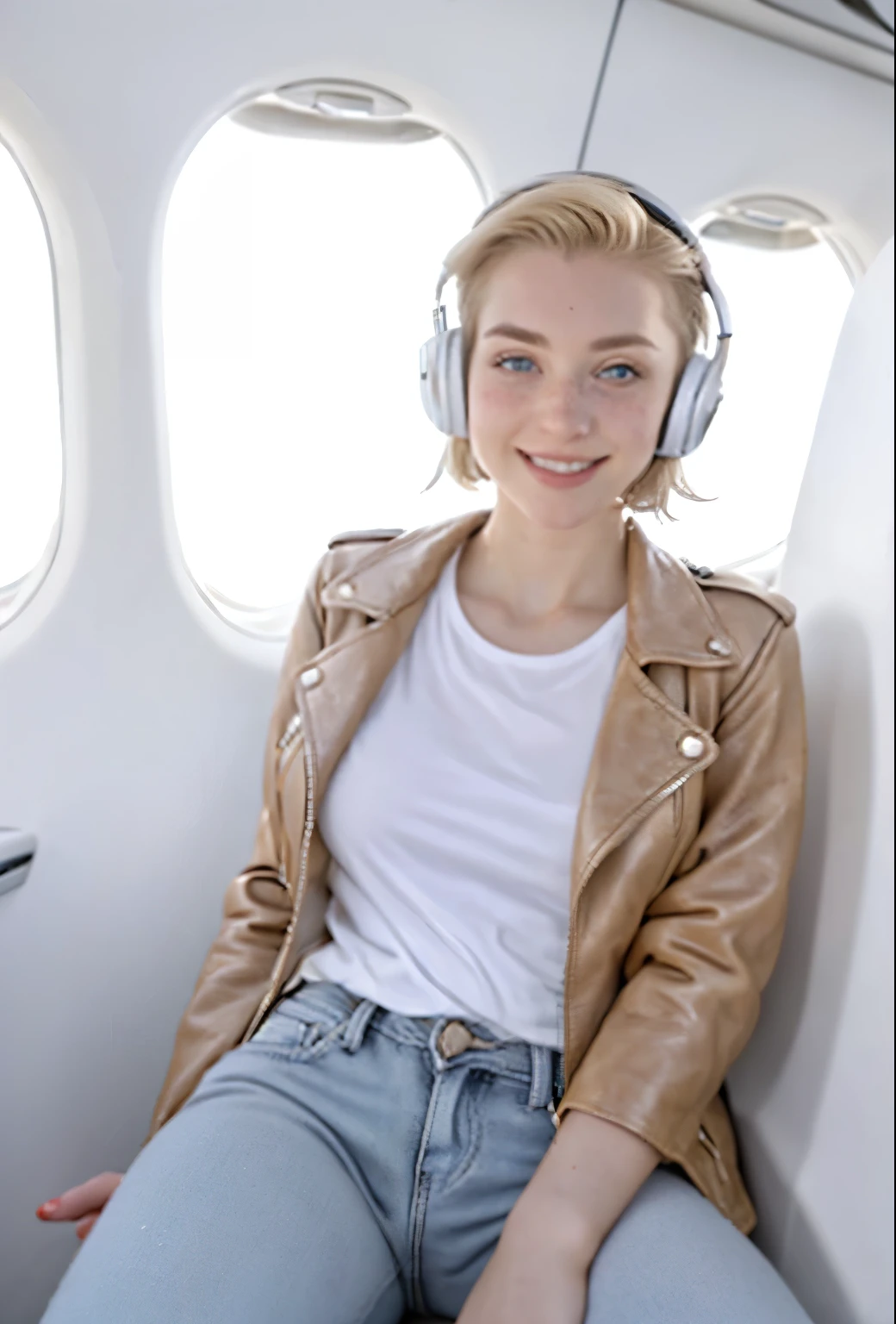 A 21-year-old girl named Kate, with short blonde hair, beautiful medium-sized breasts, height of 1.60m, white British style, light blue eyes. Kate is beautiful, with an angelic face, and has freckles in the nose area. She is wearing a beige leather women's jacket with a white shirt, very light jeans, and white sneakers. Kate is wearing modern white headphones. She is sitting in an airplane seat, slightly looking to the side at the camera. Kate is happy. The image should be in HD thumbnail format for YouTube.