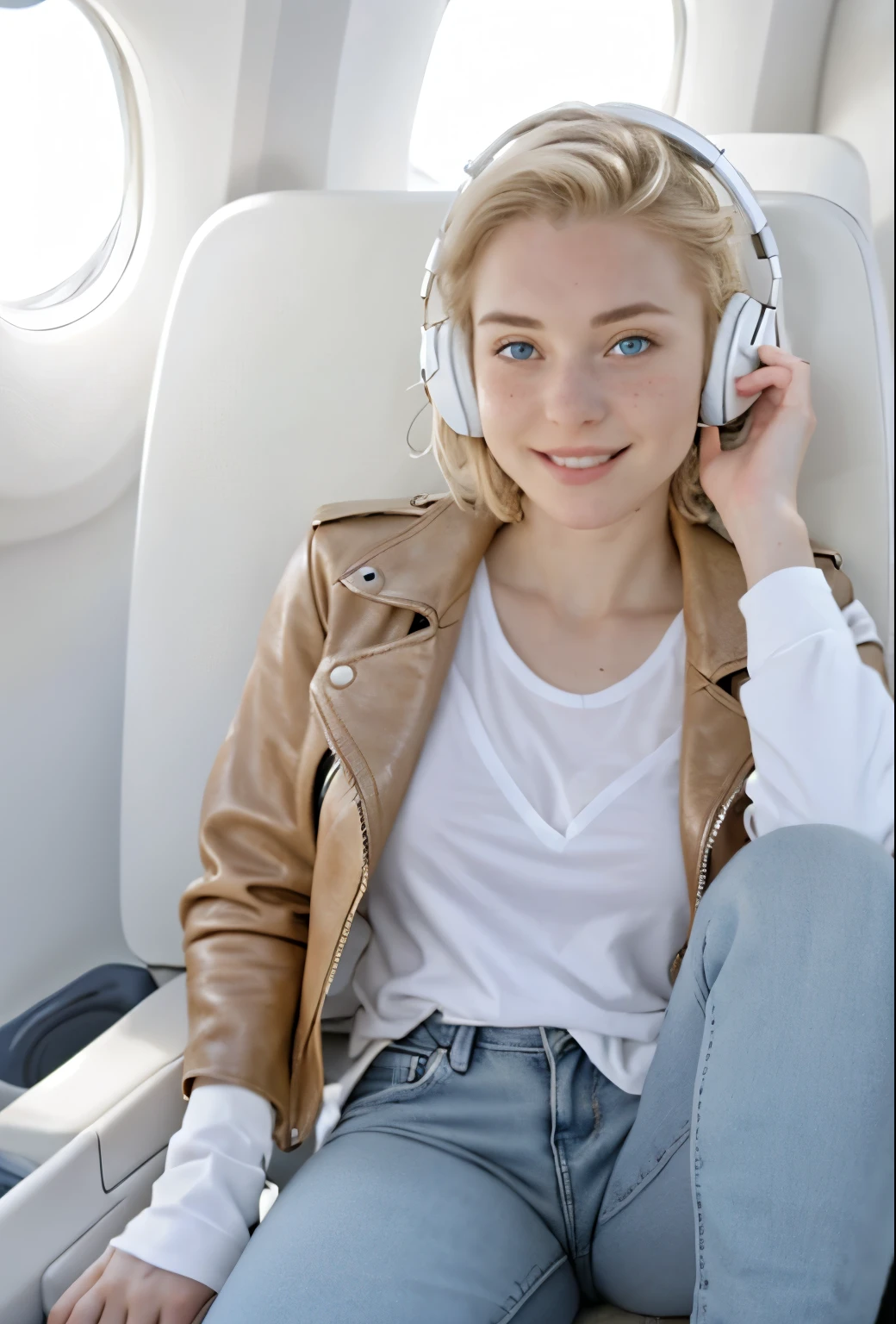 A 21-year-old girl named Kate, with short blonde hair, beautiful medium-sized breasts, height of 1.60m, white British style, light blue eyes. Kate is beautiful, with an angelic face, and has freckles in the nose area. She is wearing a beige leather women's jacket with a white shirt, very light jeans, and white sneakers. Kate is wearing modern white headphones. She is sitting in an airplane seat, slightly looking to the side at the camera. Kate is happy. The image should be in HD thumbnail format for YouTube.