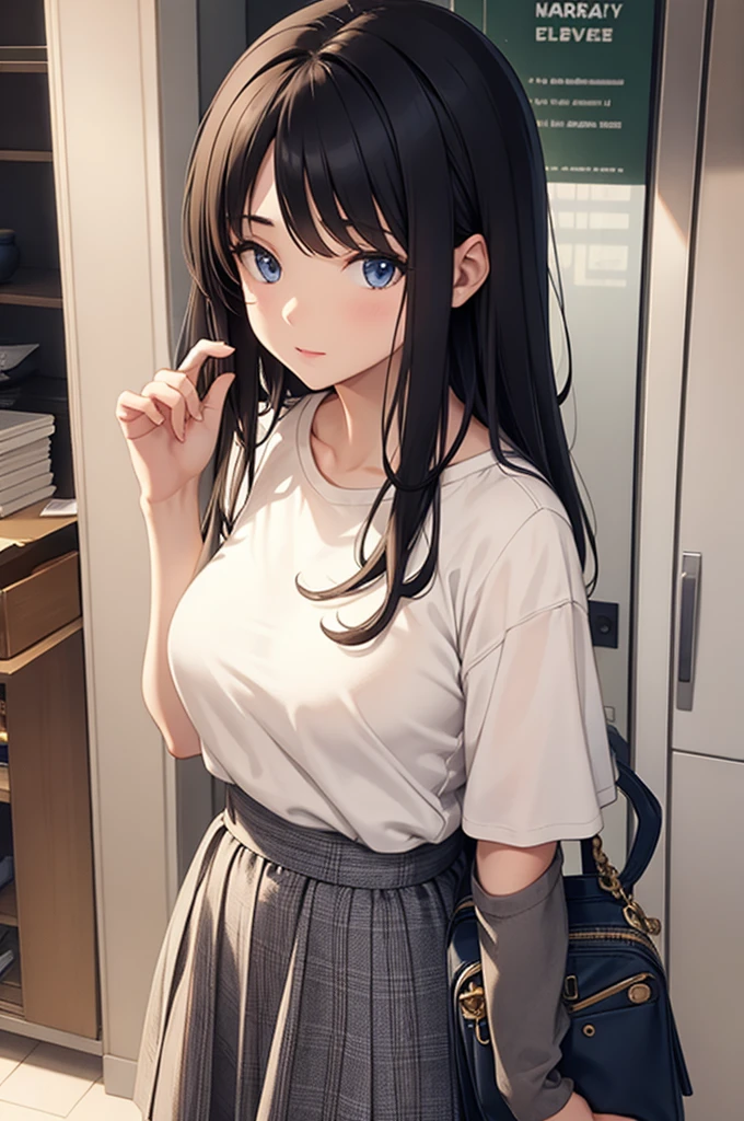 (High quality,High resolution,Fine details,Realistic),Solo,Adult Woman,(((looking down))),(Black hair),(White shirt),(Light blue skirt),Sparkling eyes,blush,Large breasts,Sweat,Oily skin
