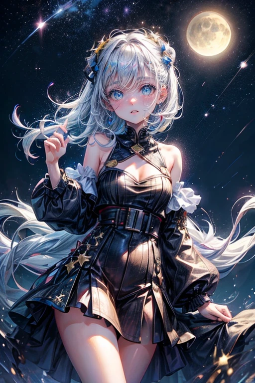 1girl,solo,cute,night,star,milky way,moon