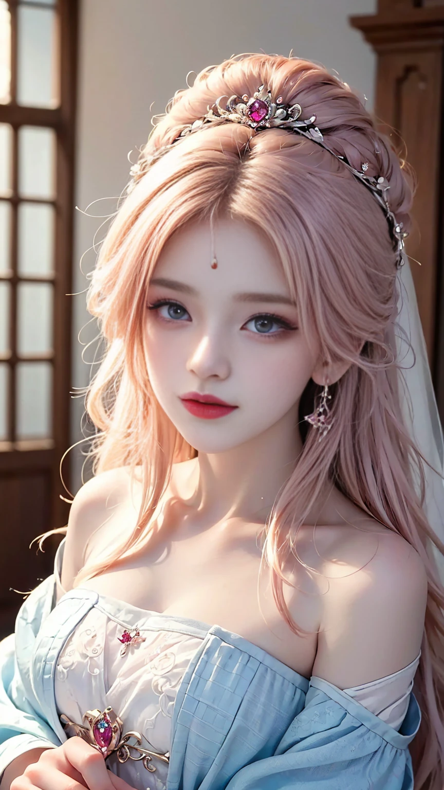 ((best quality)), ((masterpiece)), (detailed), perfect face ,Make a baddas female anime character, hair pink, eyes blue, use wedding clothes

