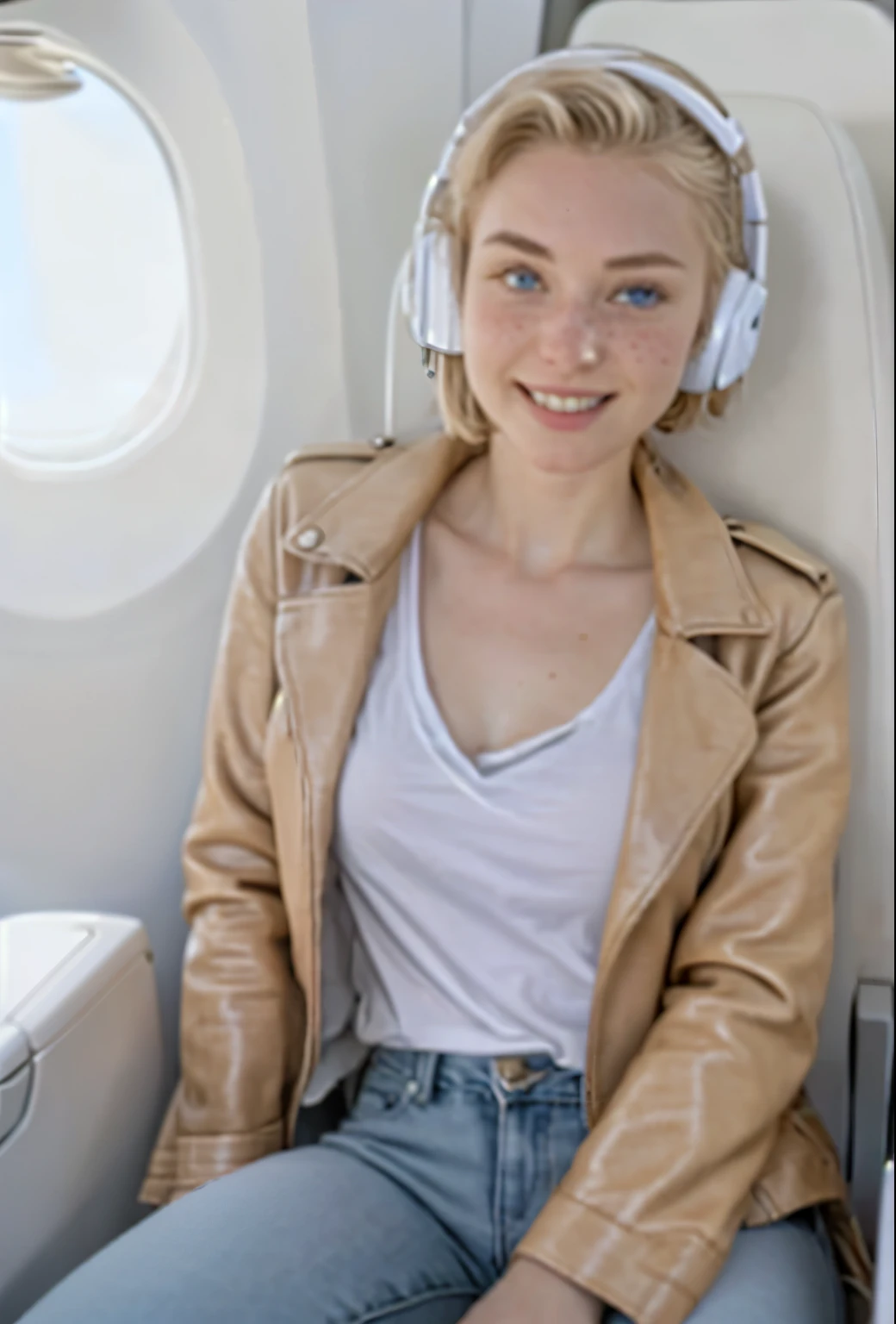 A 21-year-old girl named Kate, with short blonde hair, beautiful medium-sized breasts, height of 1.60m, white British style, light blue eyes. Kate is beautiful, with an angelic face, and has freckles in the nose area. She is wearing a beige leather women's jacket with a white shirt, very light jeans, and white sneakers. Kate is wearing modern white headphones. She is sitting in an airplane seat, slightly looking to the side at the camera. Kate is happy. The image should be in HD thumbnail format for YouTube.