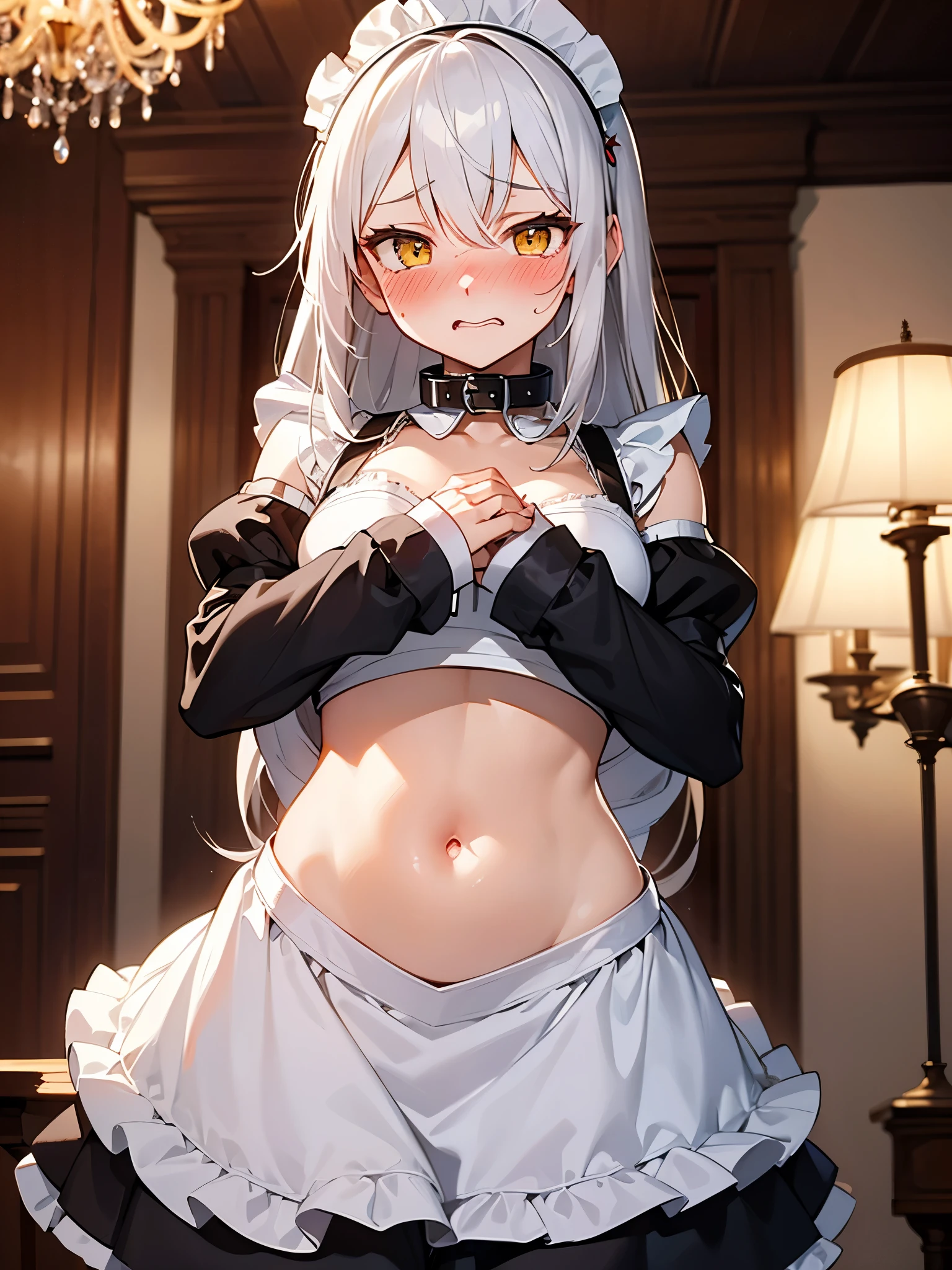 NSFW、Long Hair、Hair between the eyes、とてもLong Hair、White Hair、Messy Hair、(Yellow Eyes:1.3),(Maid clothes:1.5),Off the shoulder,cropped,Micro Mini Skirt,belly button,(Iron Collar:1.5),(Perfect hands),(Perfect Anatomy),(masterpiece),(highest quality),(Embarrassed:1.5),blush,is nervous,Mansion,Luxury Room,chandelier